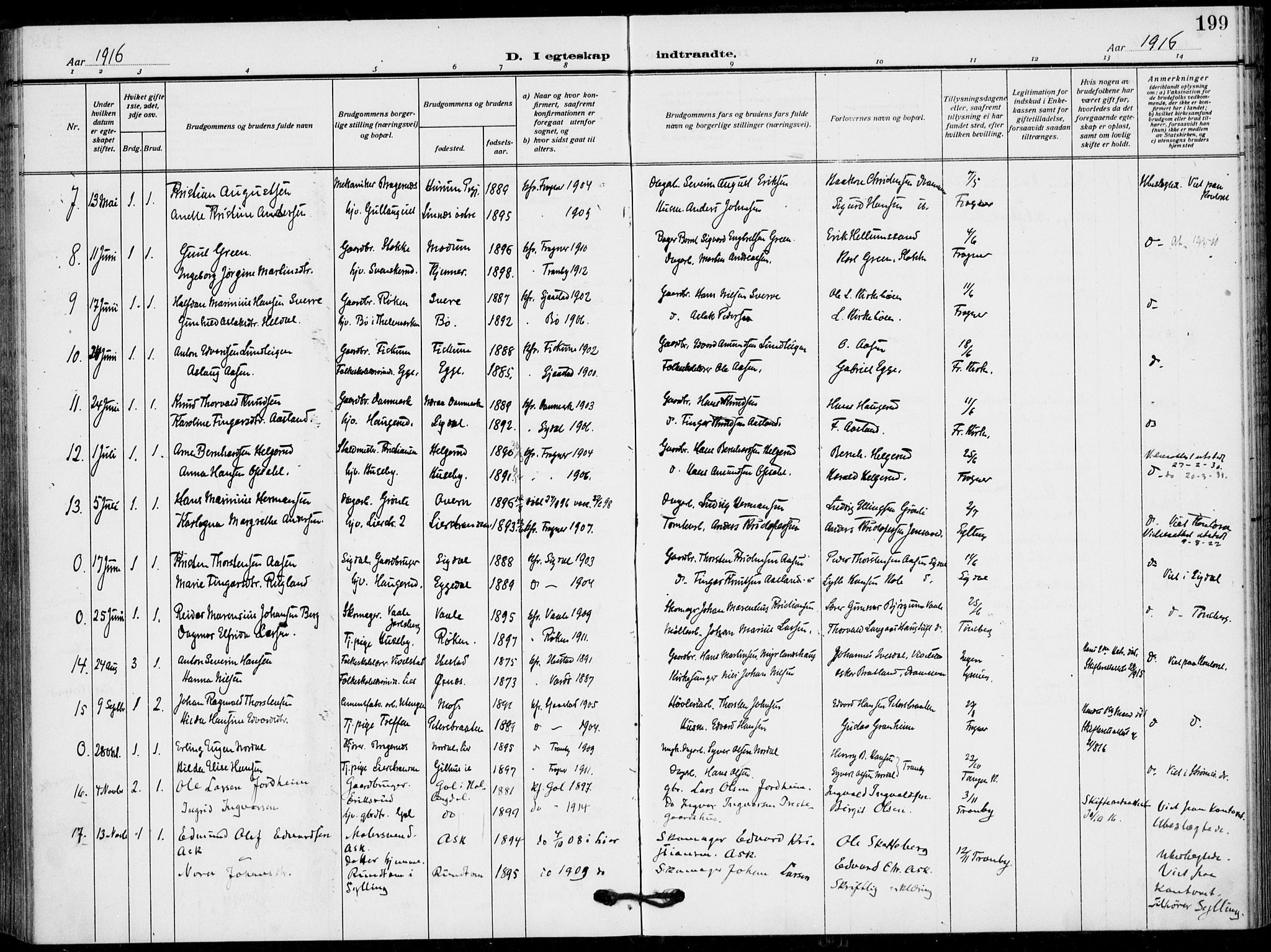 Lier kirkebøker, AV/SAKO-A-230/F/Fa/L0018: Ministerialbok nr. I 18, 1909-1917, s. 199