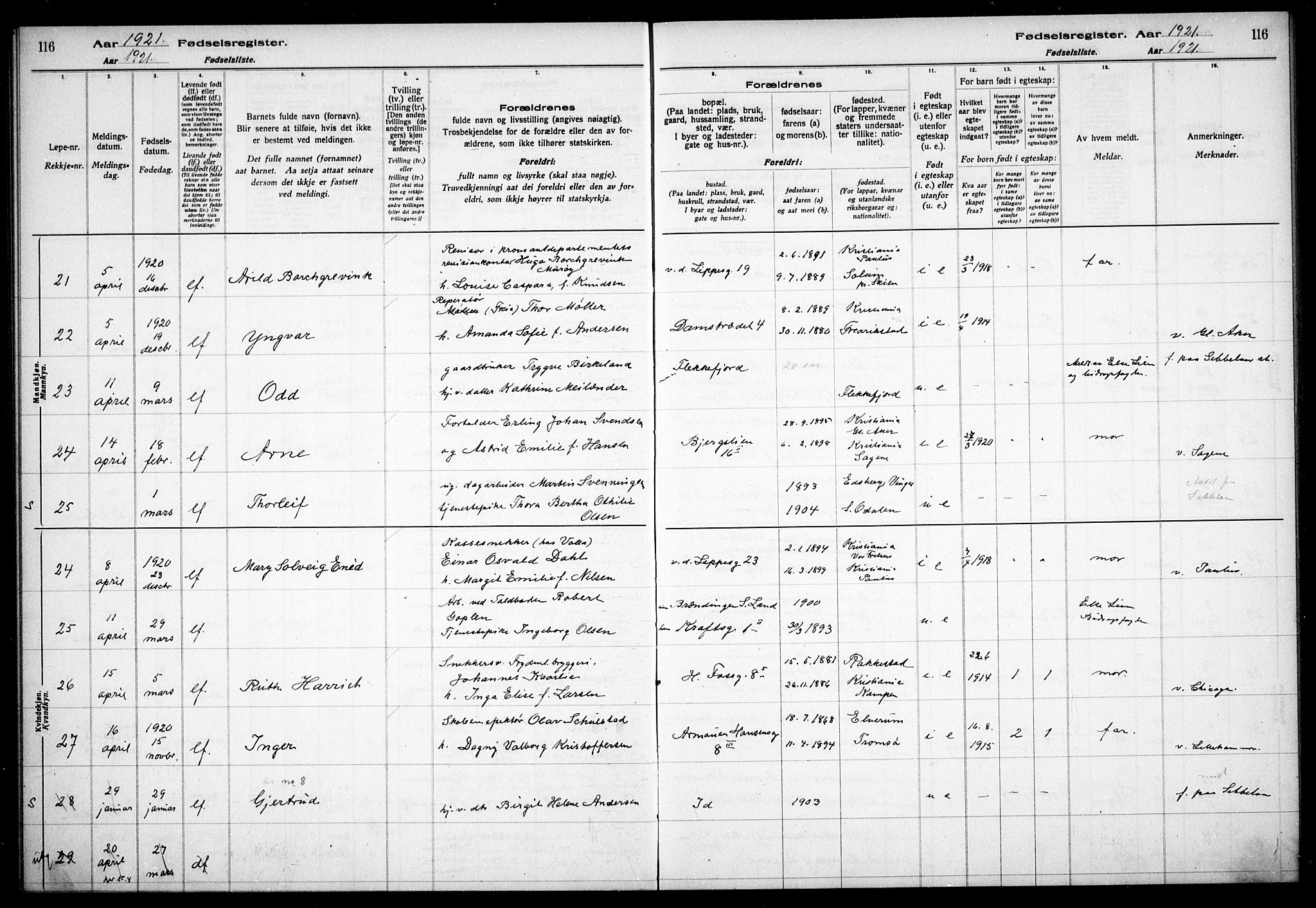 Gamle Aker prestekontor Kirkebøker, AV/SAO-A-10617a/J/L0001: Fødselsregister nr. 1, 1916-1927, s. 116