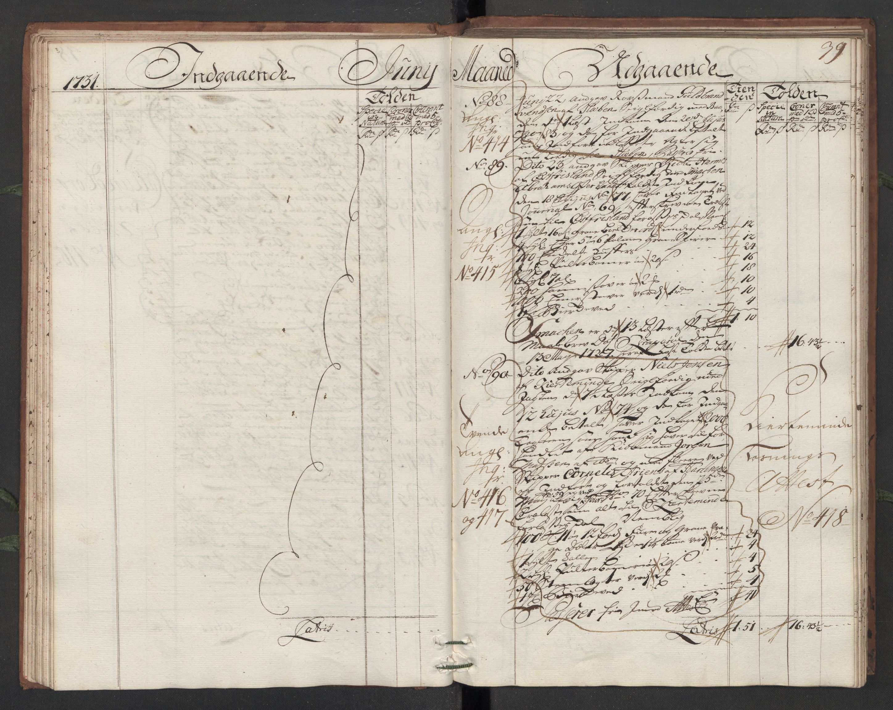 Generaltollkammeret, tollregnskaper, AV/RA-EA-5490/R13/L0006/0001: Tollregnskaper Kragerø / Hovedtollbok, 1731, s. 38b-39a