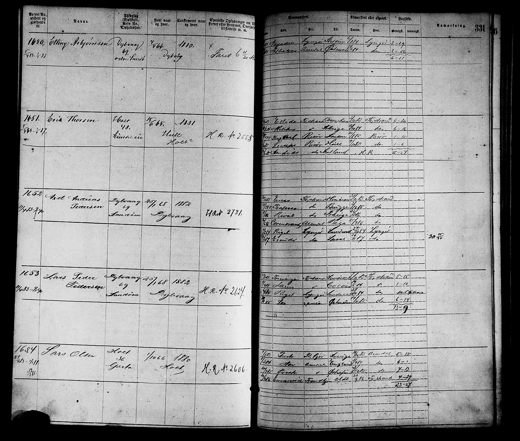 Tvedestrand mønstringskrets, SAK/2031-0011/F/Fa/L0001: Annotasjonsrulle nr 1-1905 med register, R-1, 1866-1886, s. 357