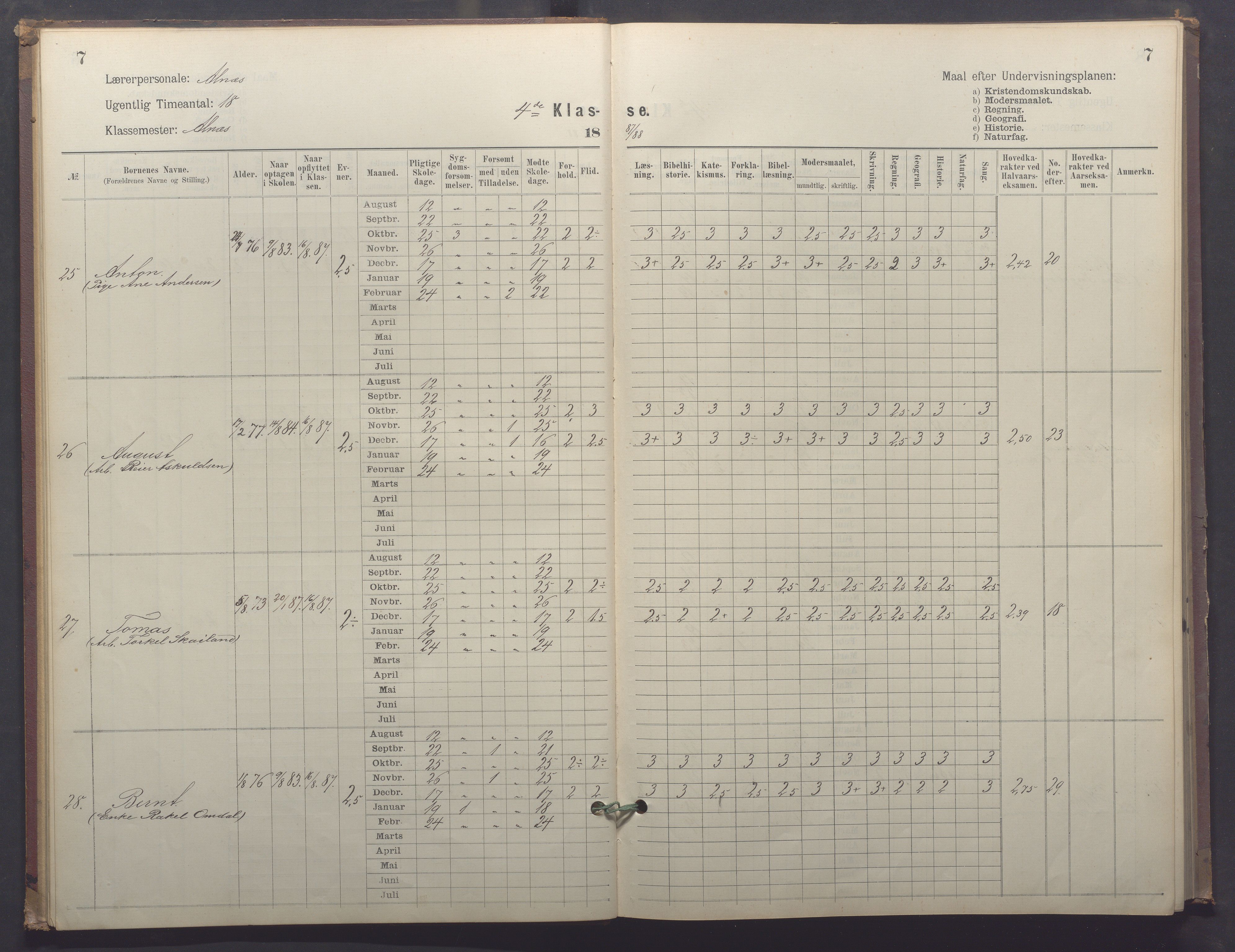 Egersund kommune (Ladested) - Egersund almueskole/folkeskole, IKAR/K-100521/H/L0025: Skoleprotokoll - Almueskolen, 4. klasse, 1887-1892, s. 7