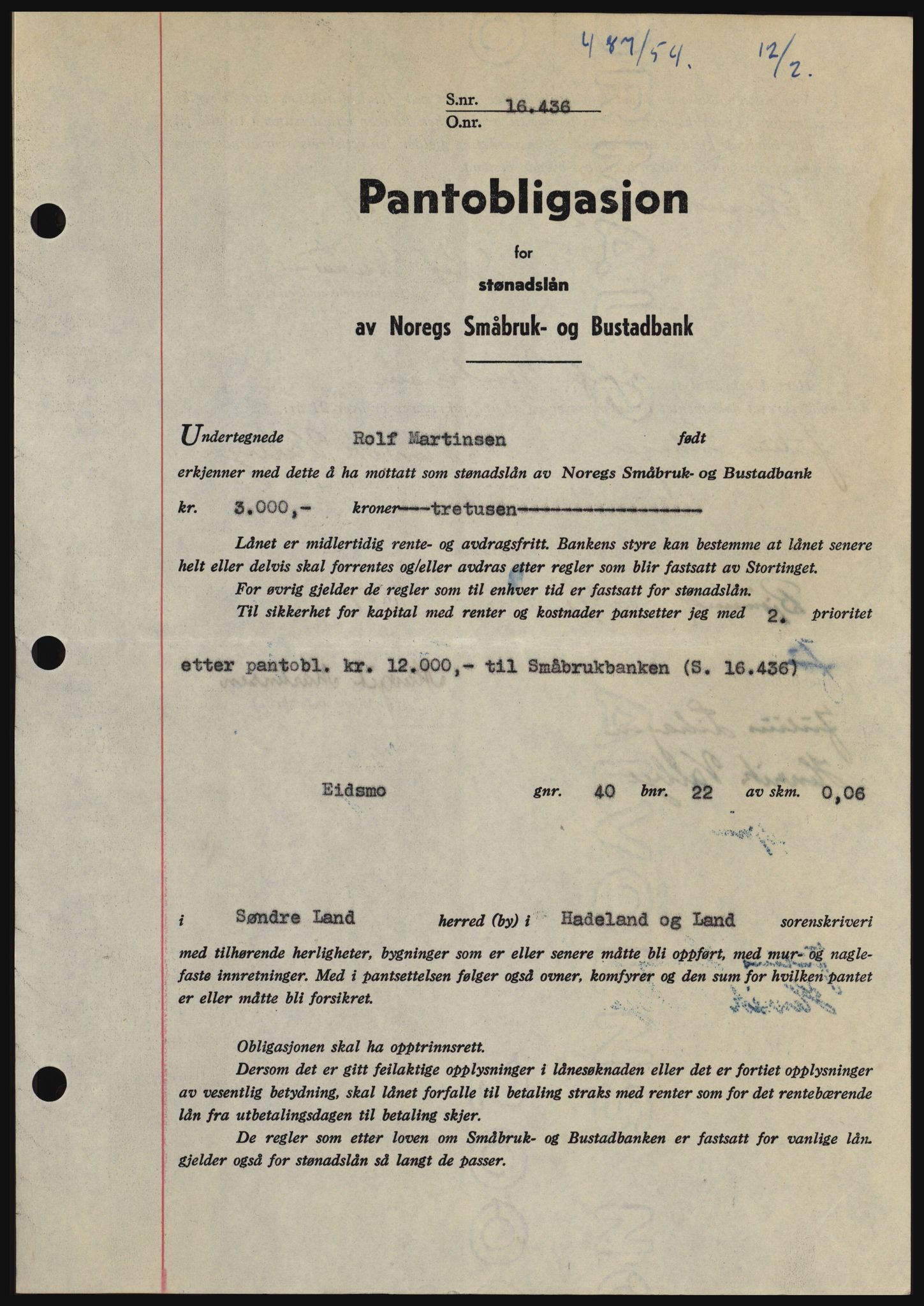 Hadeland og Land tingrett, SAH/TING-010/H/Hb/Hbc/L0029: Pantebok nr. B29, 1954-1954, Dagboknr: 487/1954