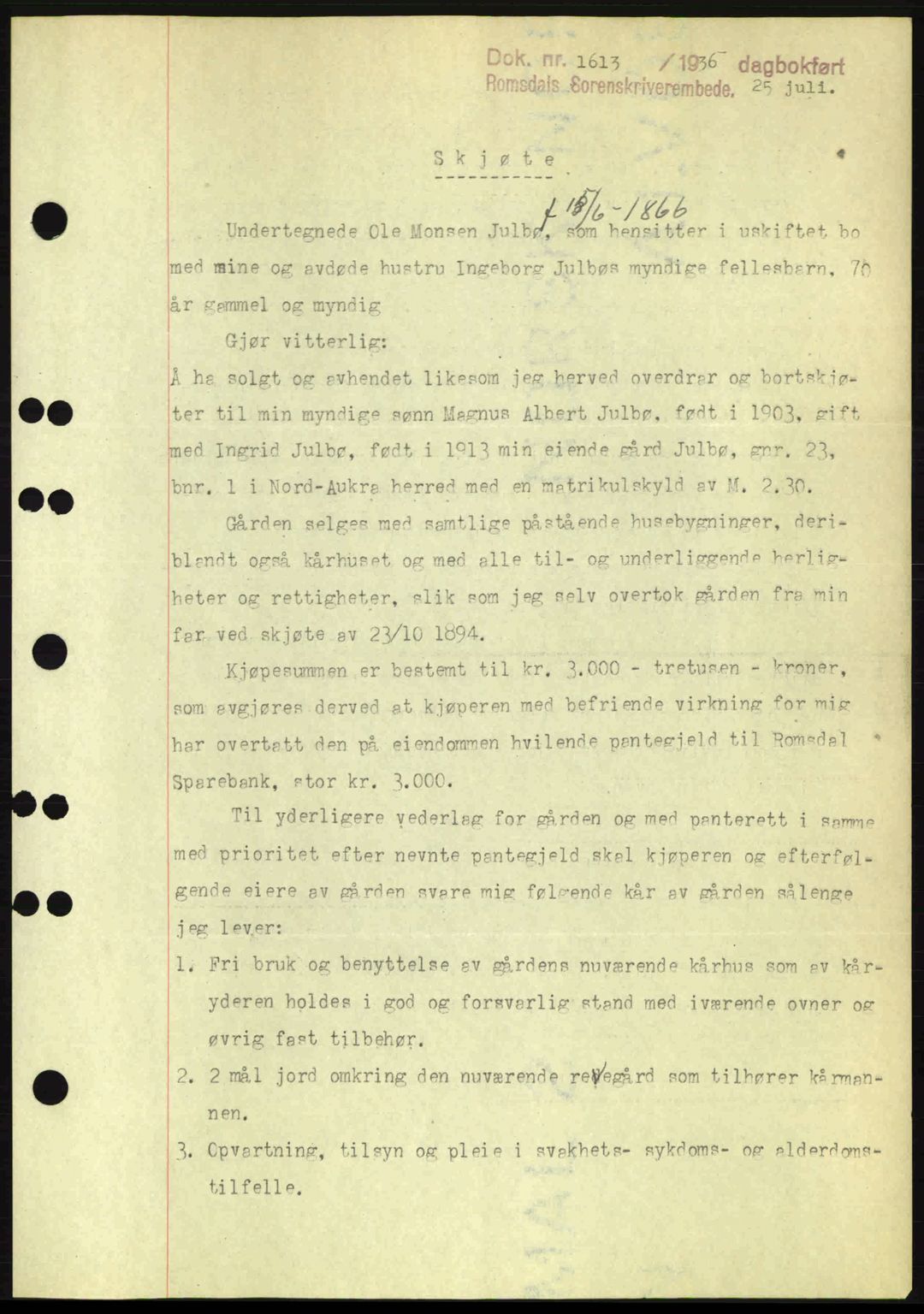 Romsdal sorenskriveri, SAT/A-4149/1/2/2C: Pantebok nr. A1, 1936-1936, Dagboknr: 1613/1936