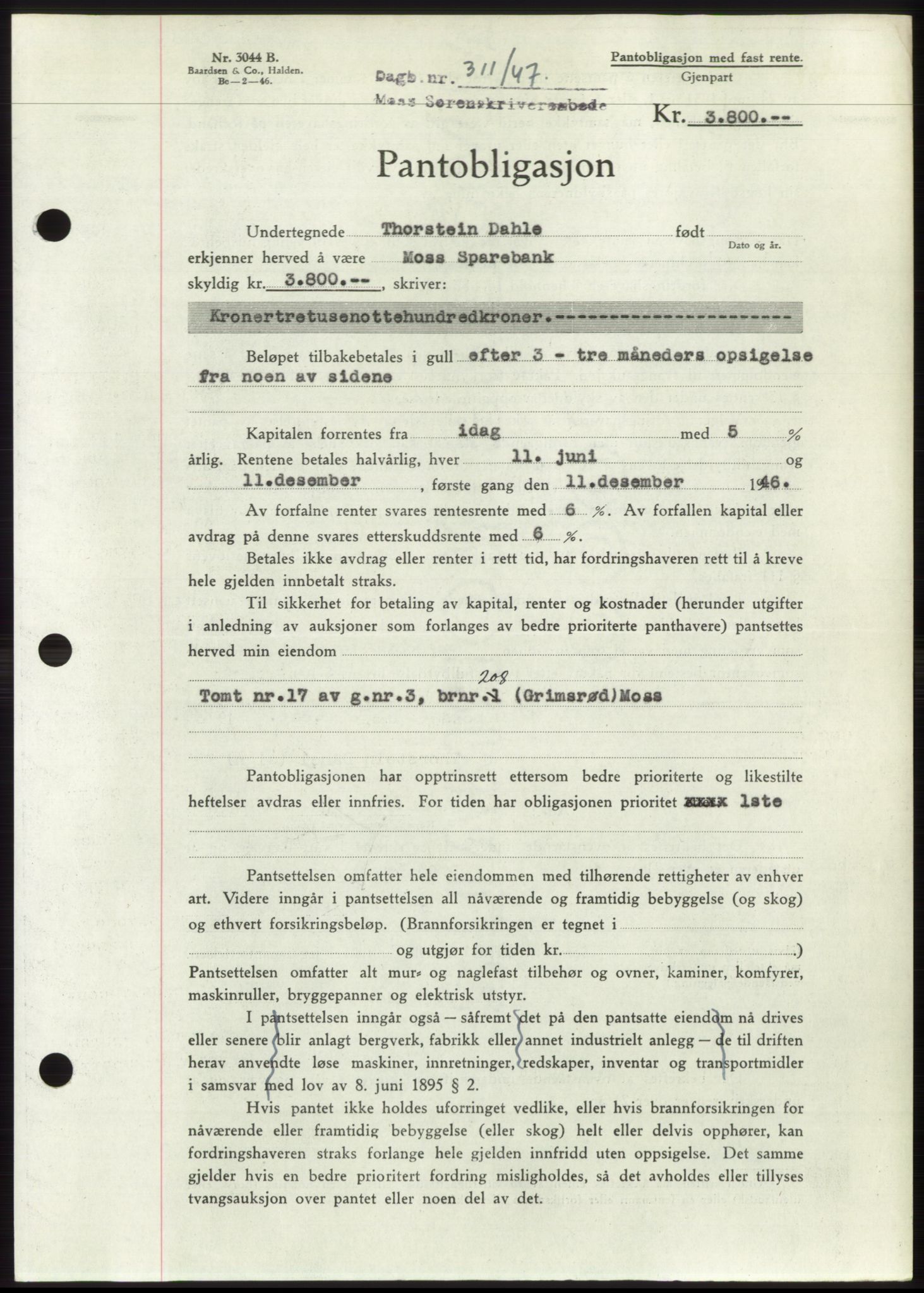 Moss sorenskriveri, SAO/A-10168: Pantebok nr. B16, 1946-1947, Dagboknr: 311/1947
