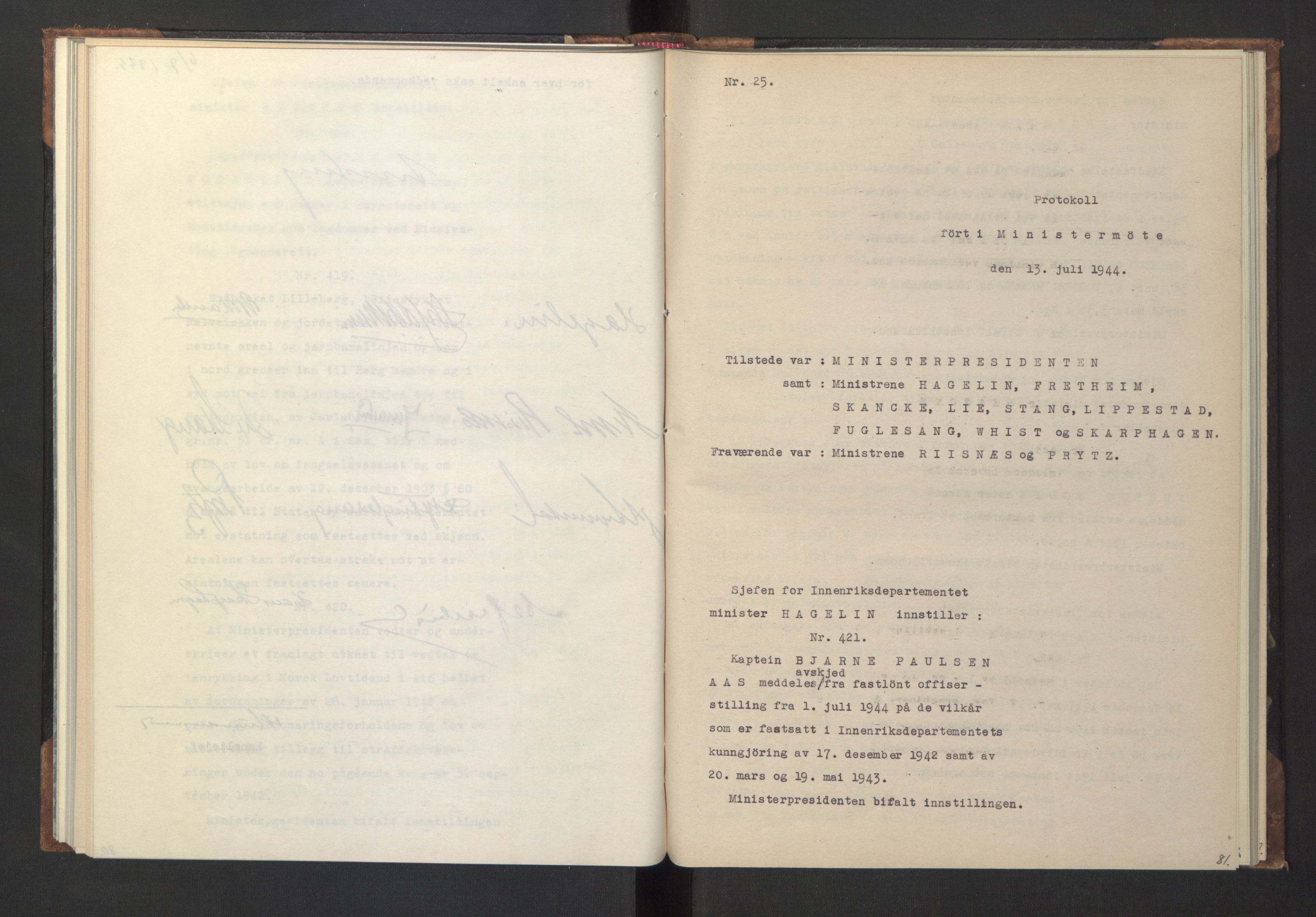 NS-administrasjonen 1940-1945 (Statsrådsekretariatet, de kommisariske statsråder mm), AV/RA-S-4279/D/Da/L0005: Protokoll fra ministermøter, 1944, s. 83