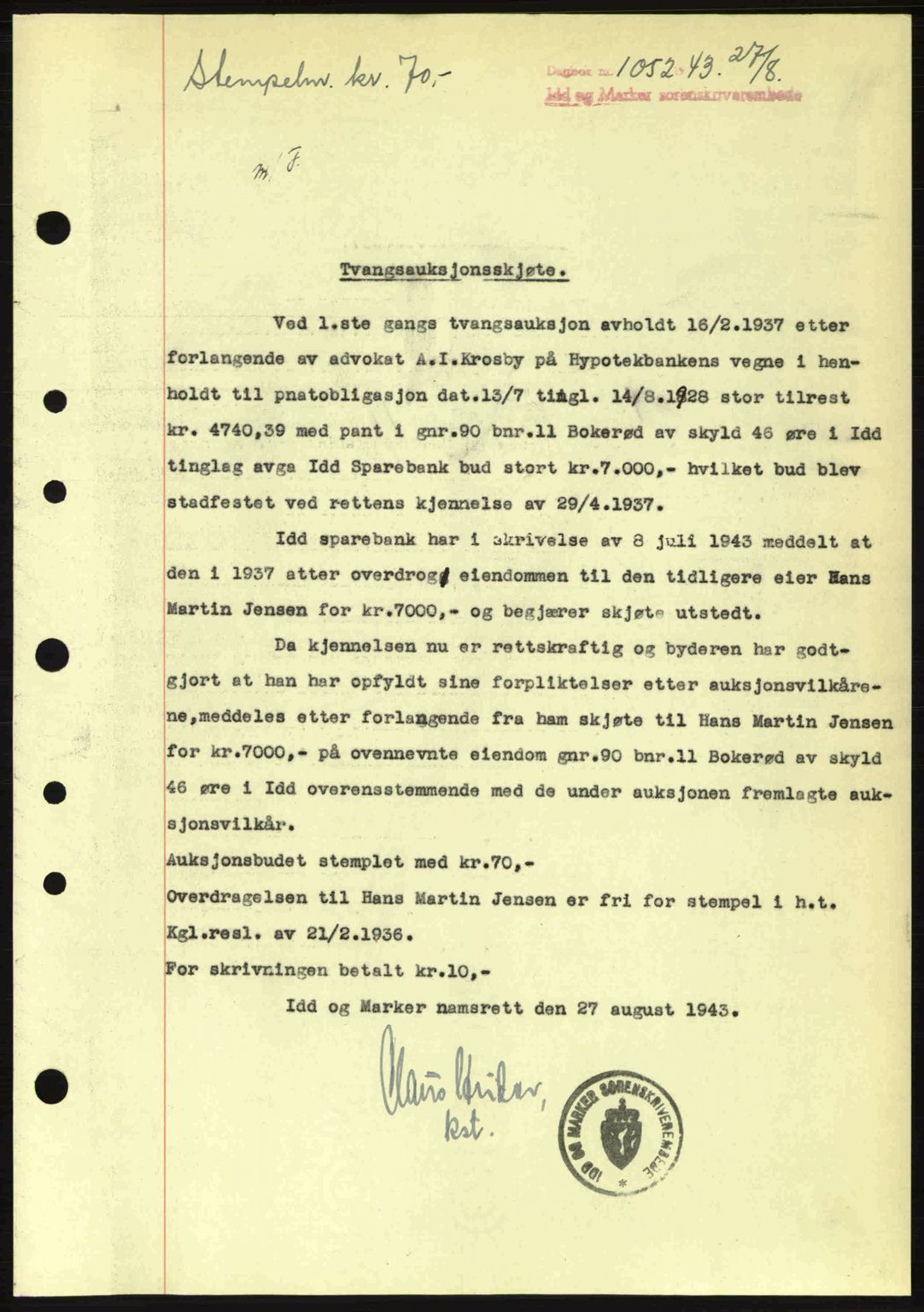 Idd og Marker sorenskriveri, AV/SAO-A-10283/G/Gb/Gbb/L0006: Pantebok nr. A6, 1943-1944, Dagboknr: 1052/1943