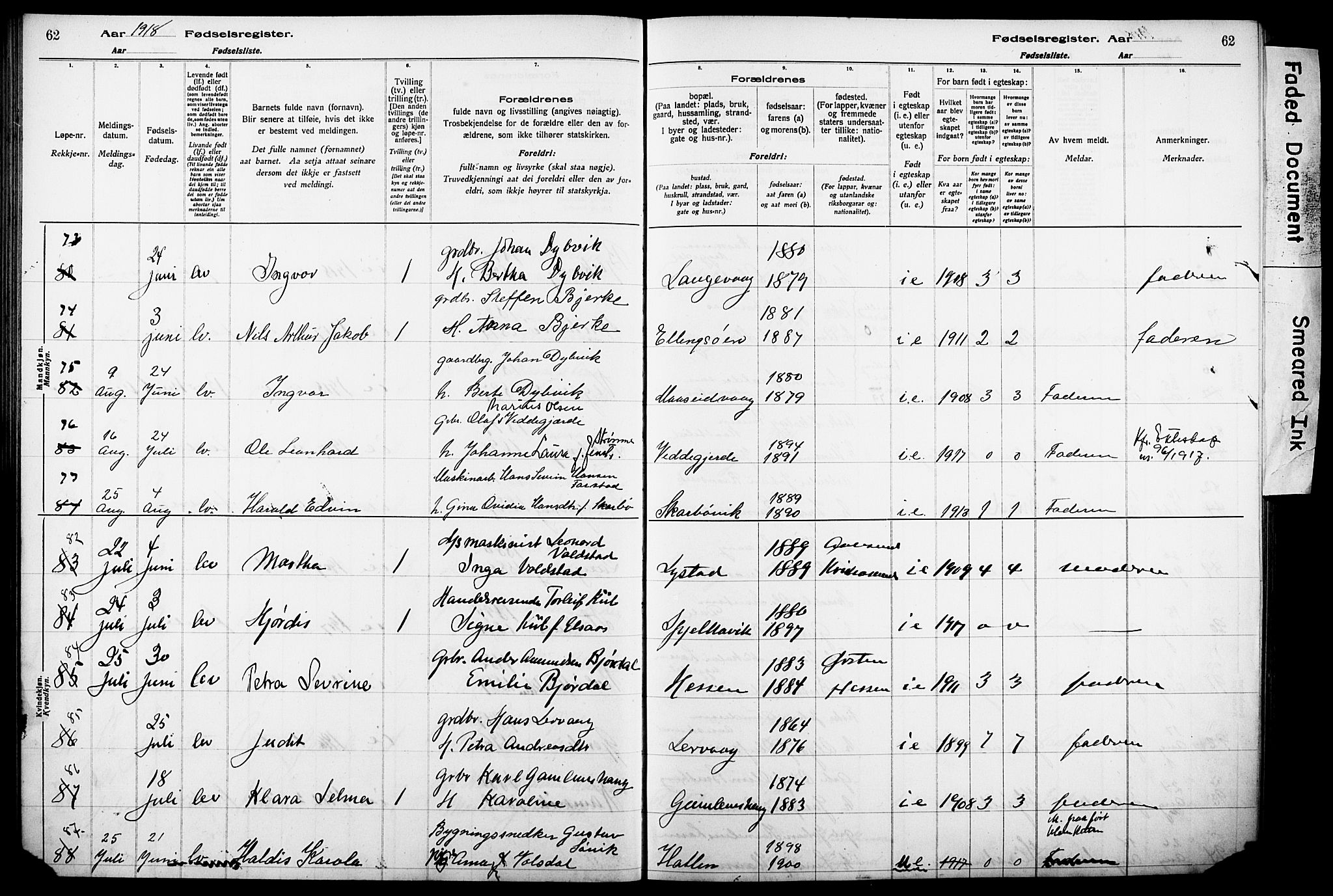 Ministerialprotokoller, klokkerbøker og fødselsregistre - Møre og Romsdal, AV/SAT-A-1454/528/L0442: Fødselsregister nr. 528.II.4.1, 1916-1924, s. 62