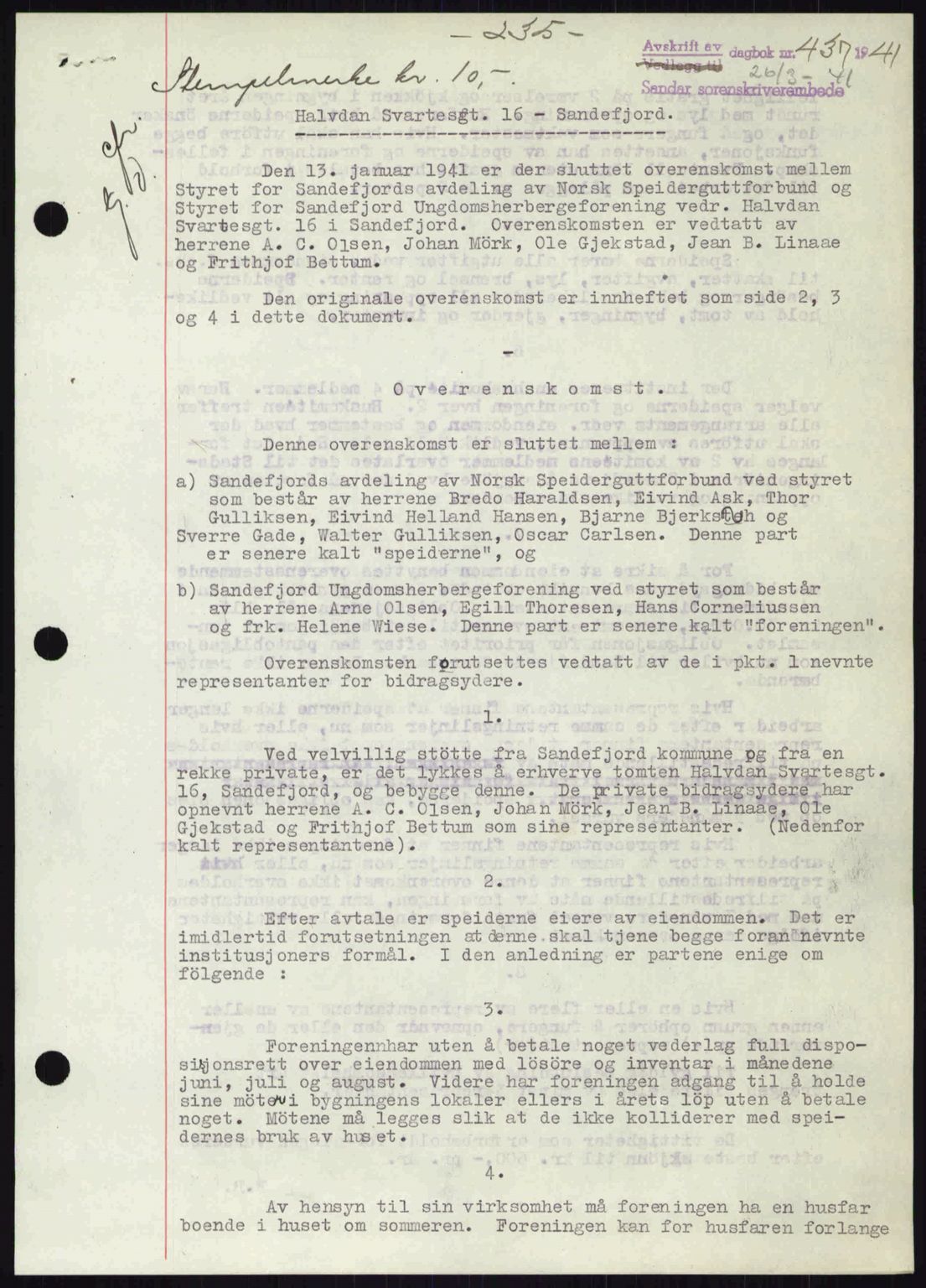 Sandar sorenskriveri, SAKO/A-86/G/Ga/Gab/L0001: Pantebok nr. B-1 og B-3 - B-9, 1936-1944, Dagboknr: 437/1941