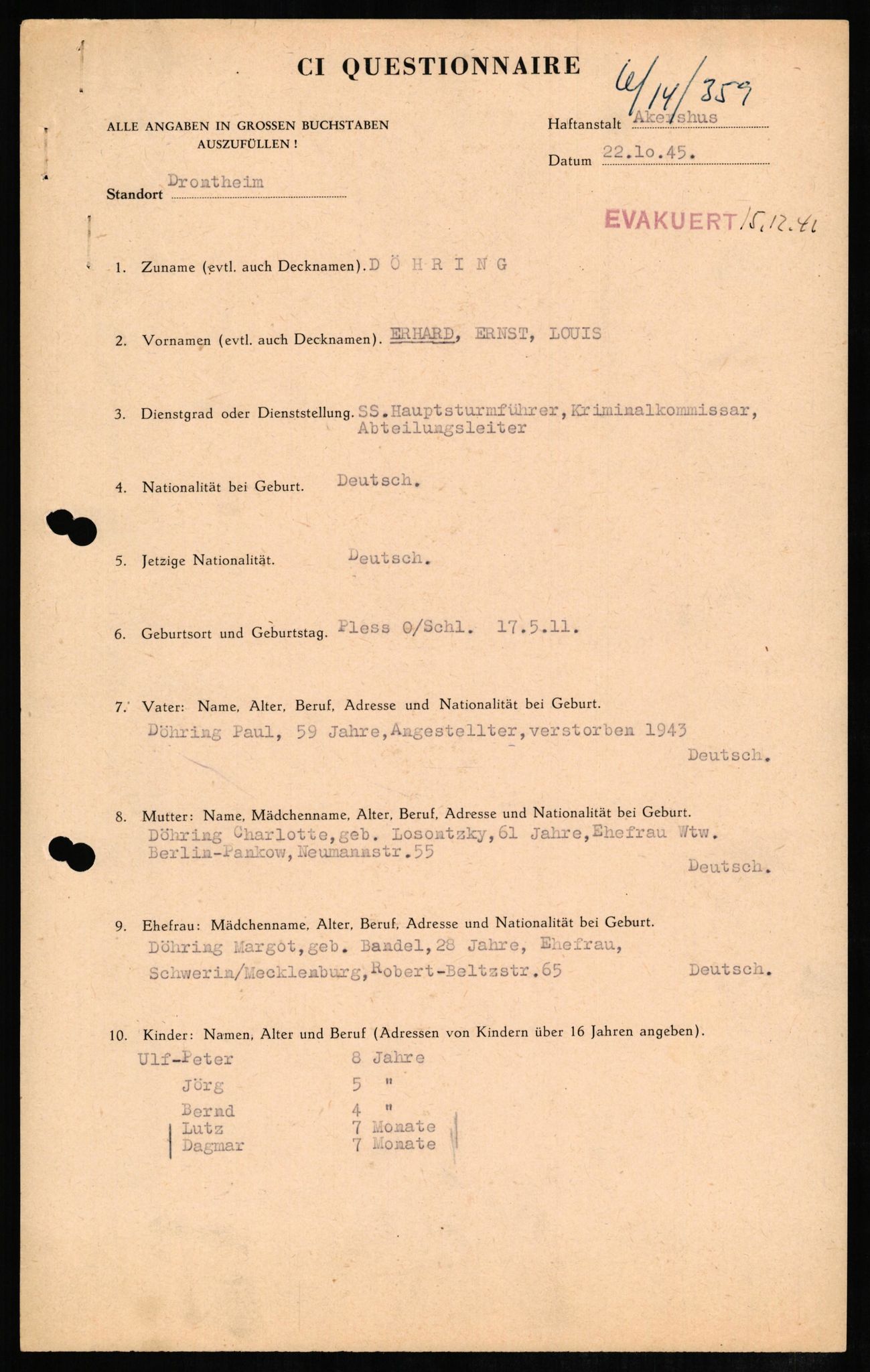 Forsvaret, Forsvarets overkommando II, AV/RA-RAFA-3915/D/Db/L0006: CI Questionaires. Tyske okkupasjonsstyrker i Norge. Tyskere., 1945-1946, s. 377