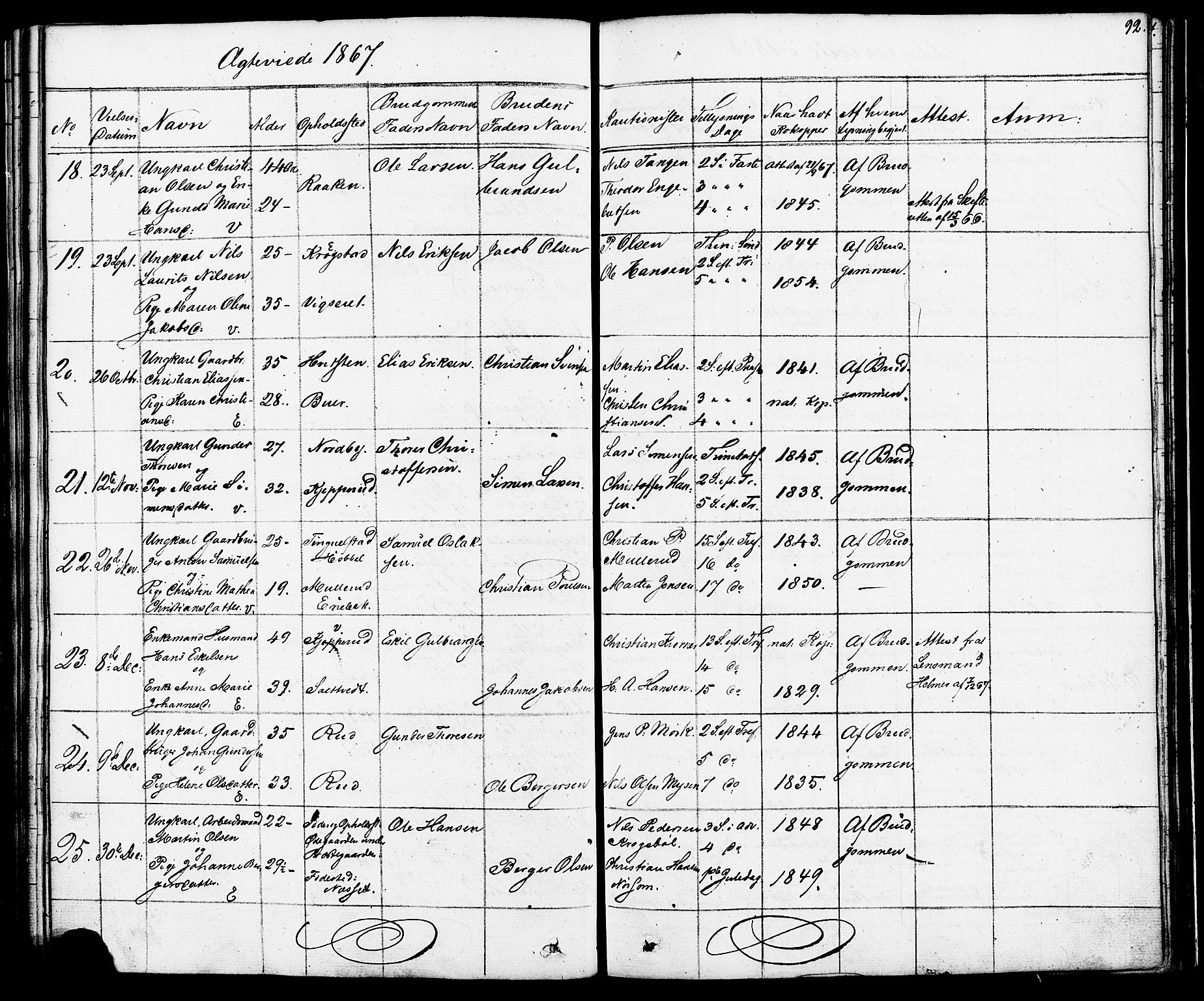 Enebakk prestekontor Kirkebøker, AV/SAO-A-10171c/F/Fa/L0012: Ministerialbok nr. I 12, 1832-1882, s. 92