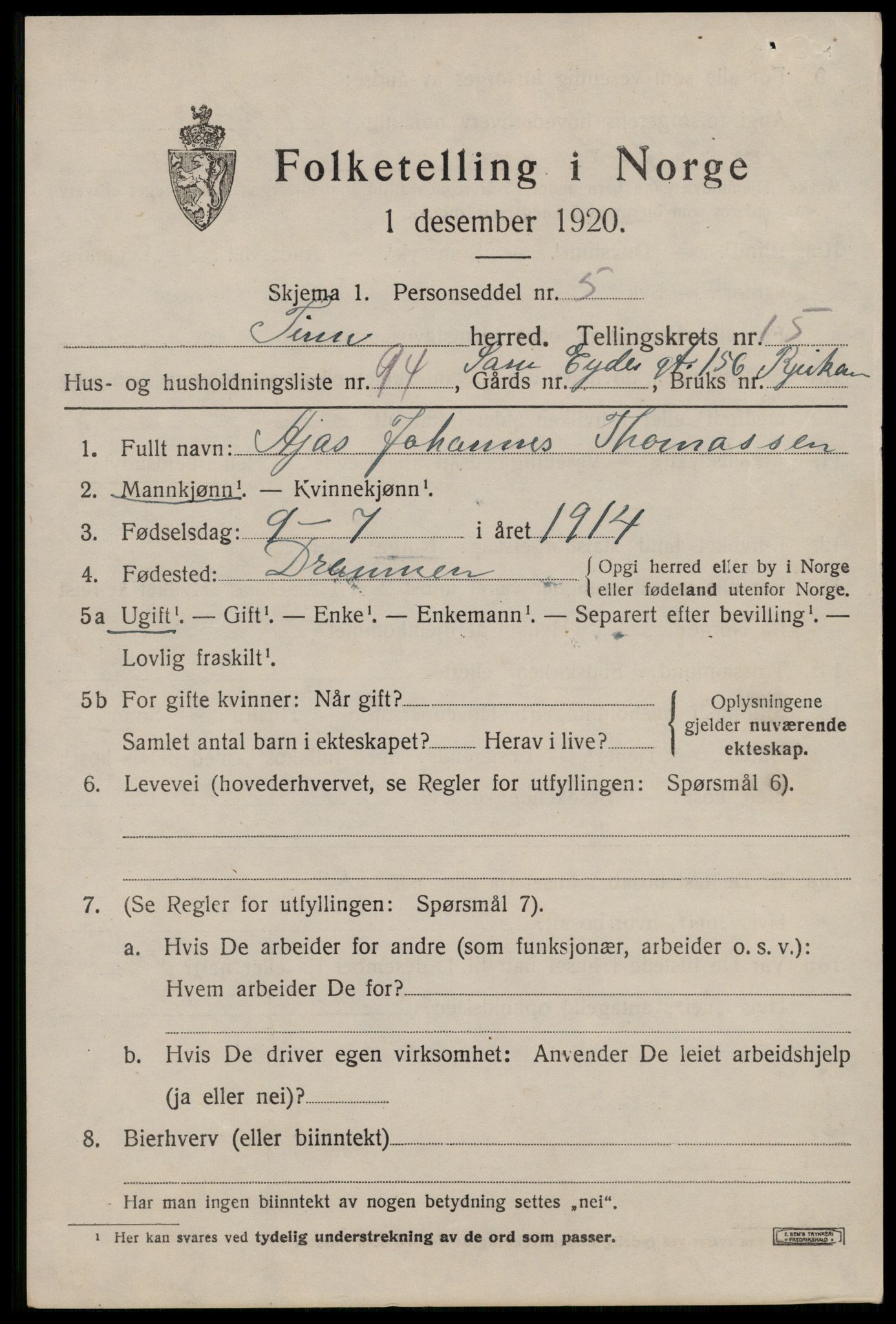 SAKO, Folketelling 1920 for 0826 Tinn herred, 1920, s. 14900