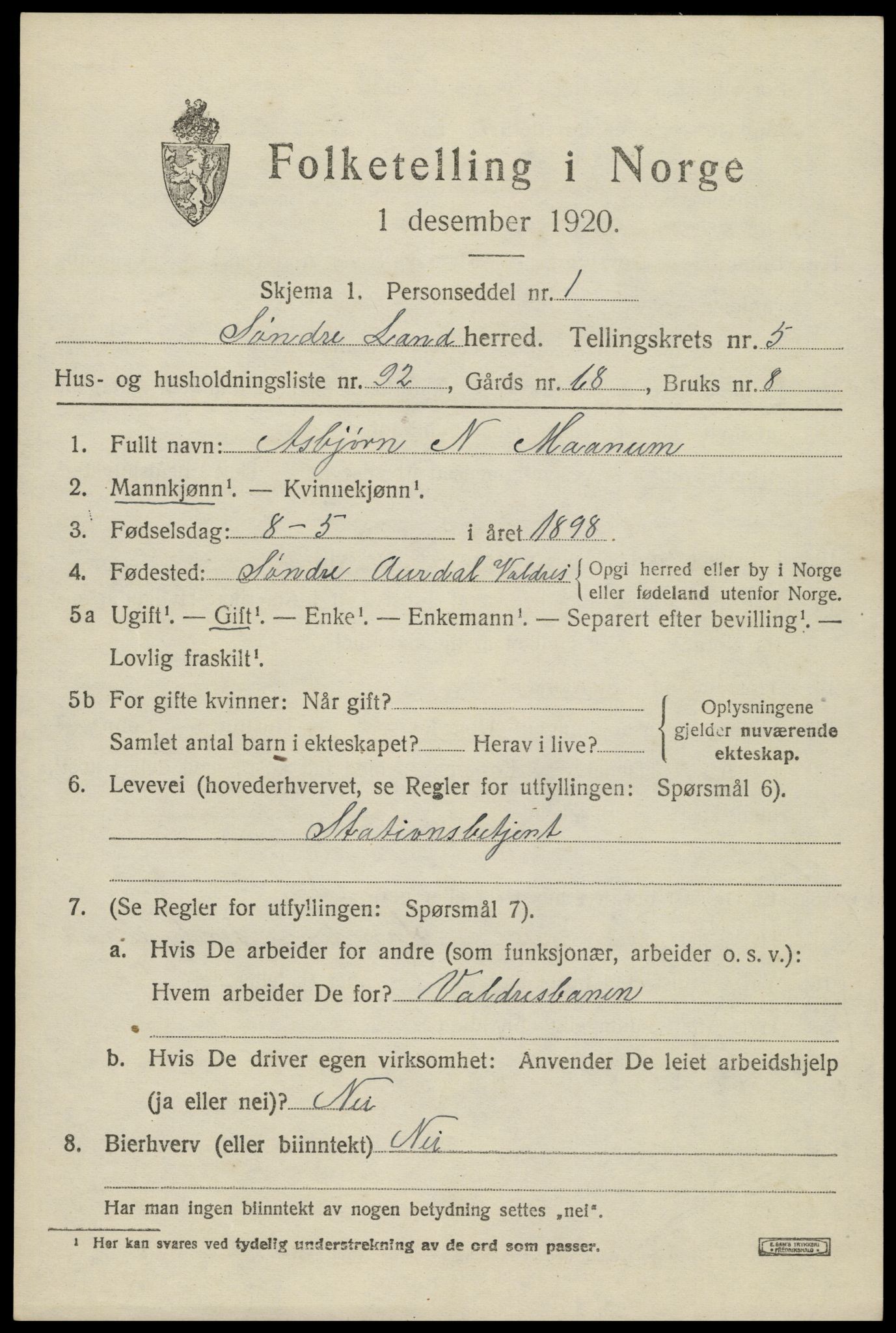 SAH, Folketelling 1920 for 0536 Søndre Land herred, 1920, s. 6227