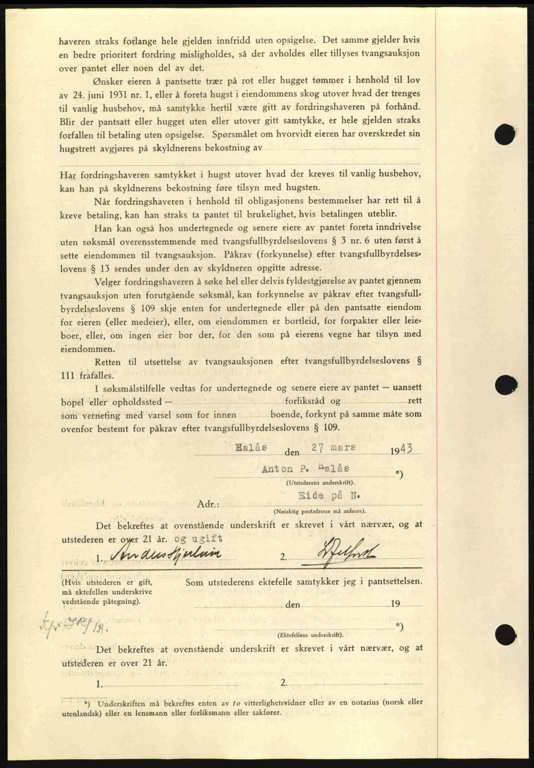 Nordmøre sorenskriveri, AV/SAT-A-4132/1/2/2Ca: Pantebok nr. B90, 1942-1943, Dagboknr: 1192/1943