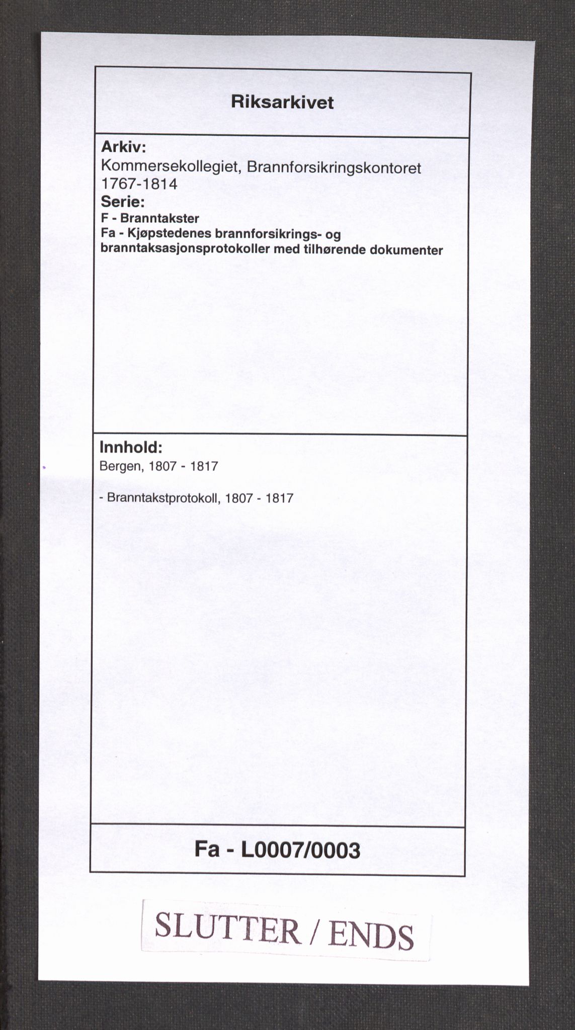 Kommersekollegiet, Brannforsikringskontoret 1767-1814, AV/RA-EA-5458/F/Fa/L0007/0003: Bergen / Branntakstprotokoll, 1807-1817