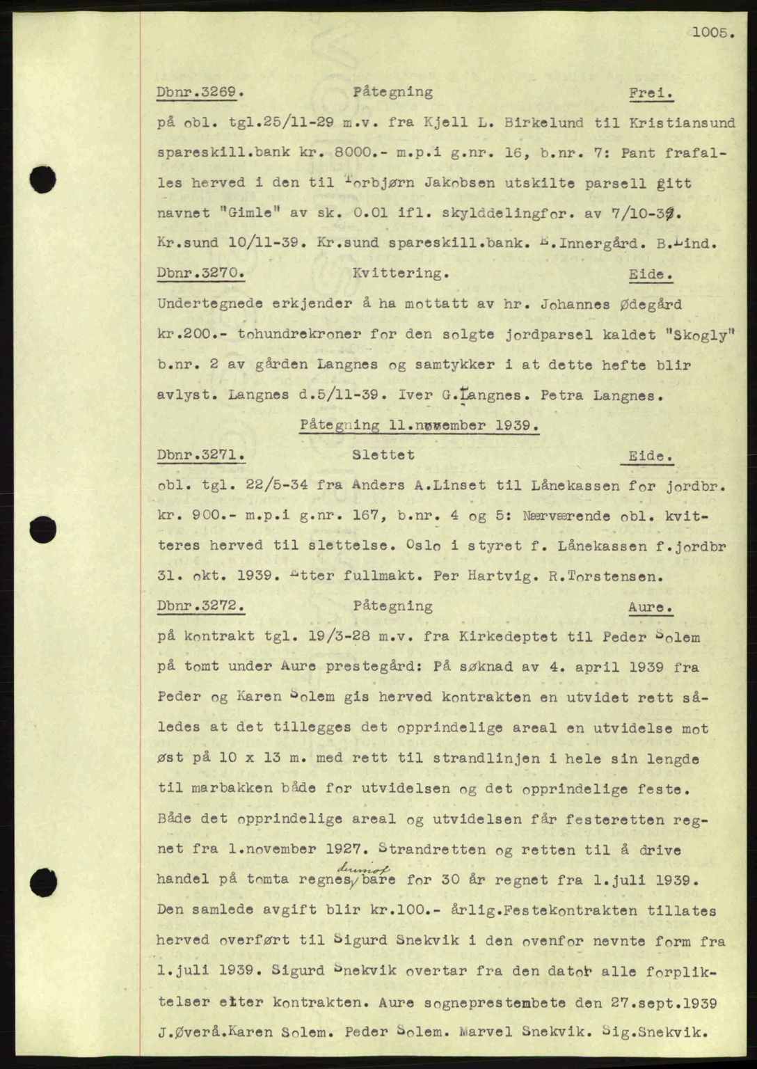 Nordmøre sorenskriveri, SAT/A-4132/1/2/2Ca: Pantebok nr. C80, 1936-1939, Dagboknr: 3269/1939