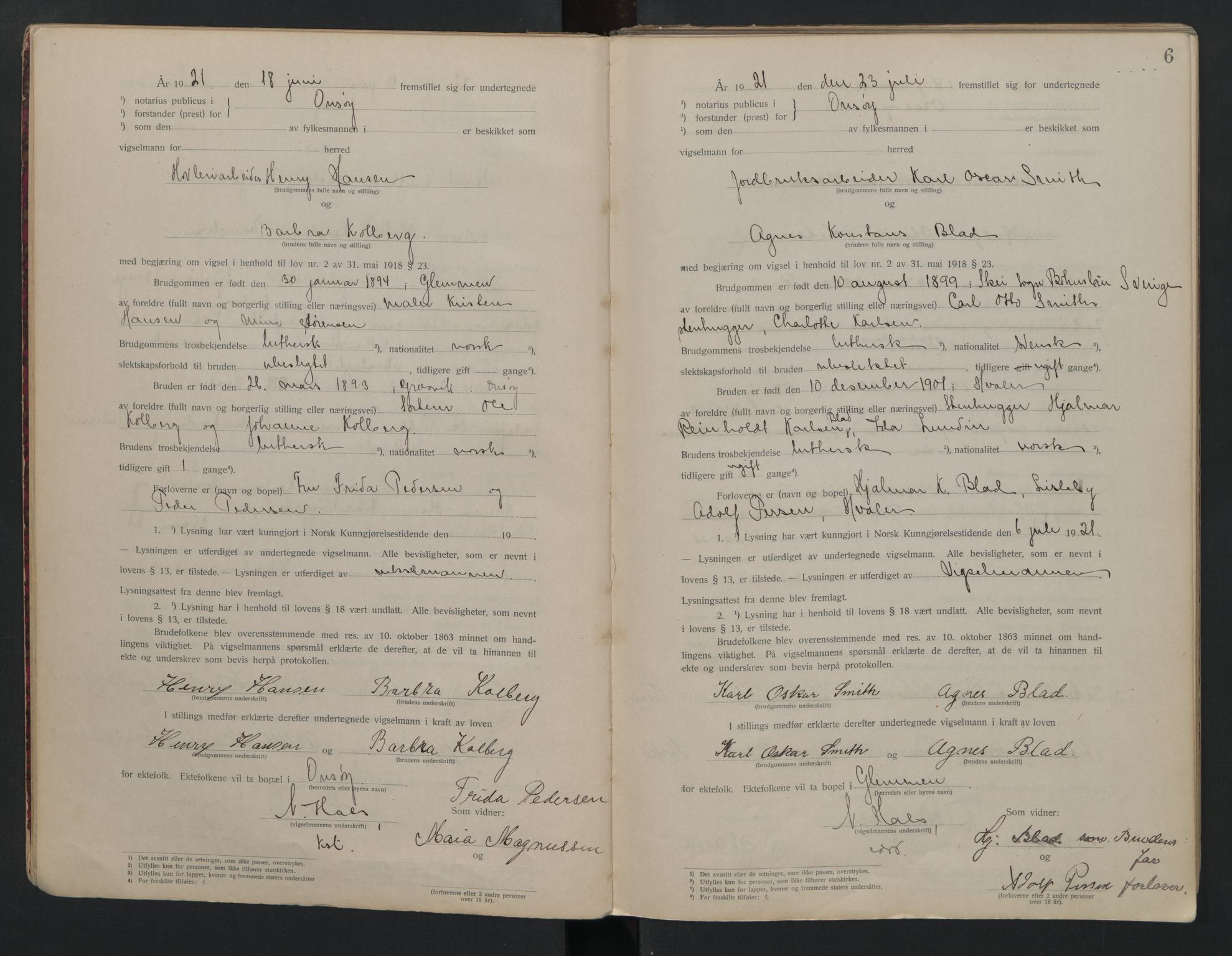 Onsøy sorenskriveri, AV/SAO-A-10474/L/La/L0001: Vigselsbok, 1920-1942, s. 6