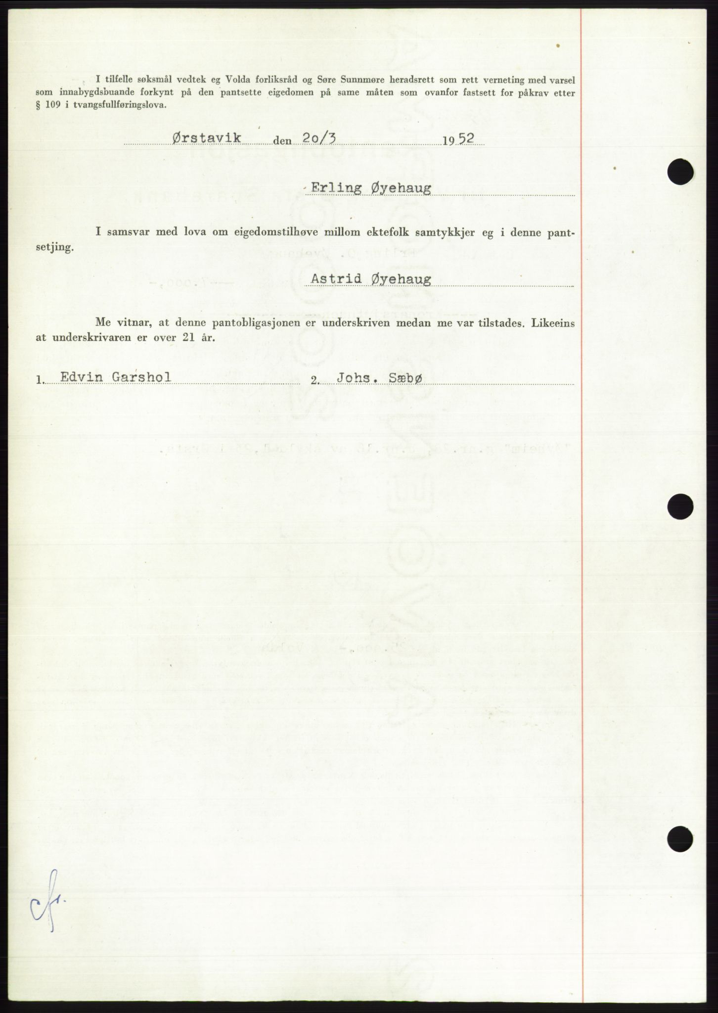 Søre Sunnmøre sorenskriveri, AV/SAT-A-4122/1/2/2C/L0121: Pantebok nr. 9B, 1951-1952, Dagboknr: 530/1952
