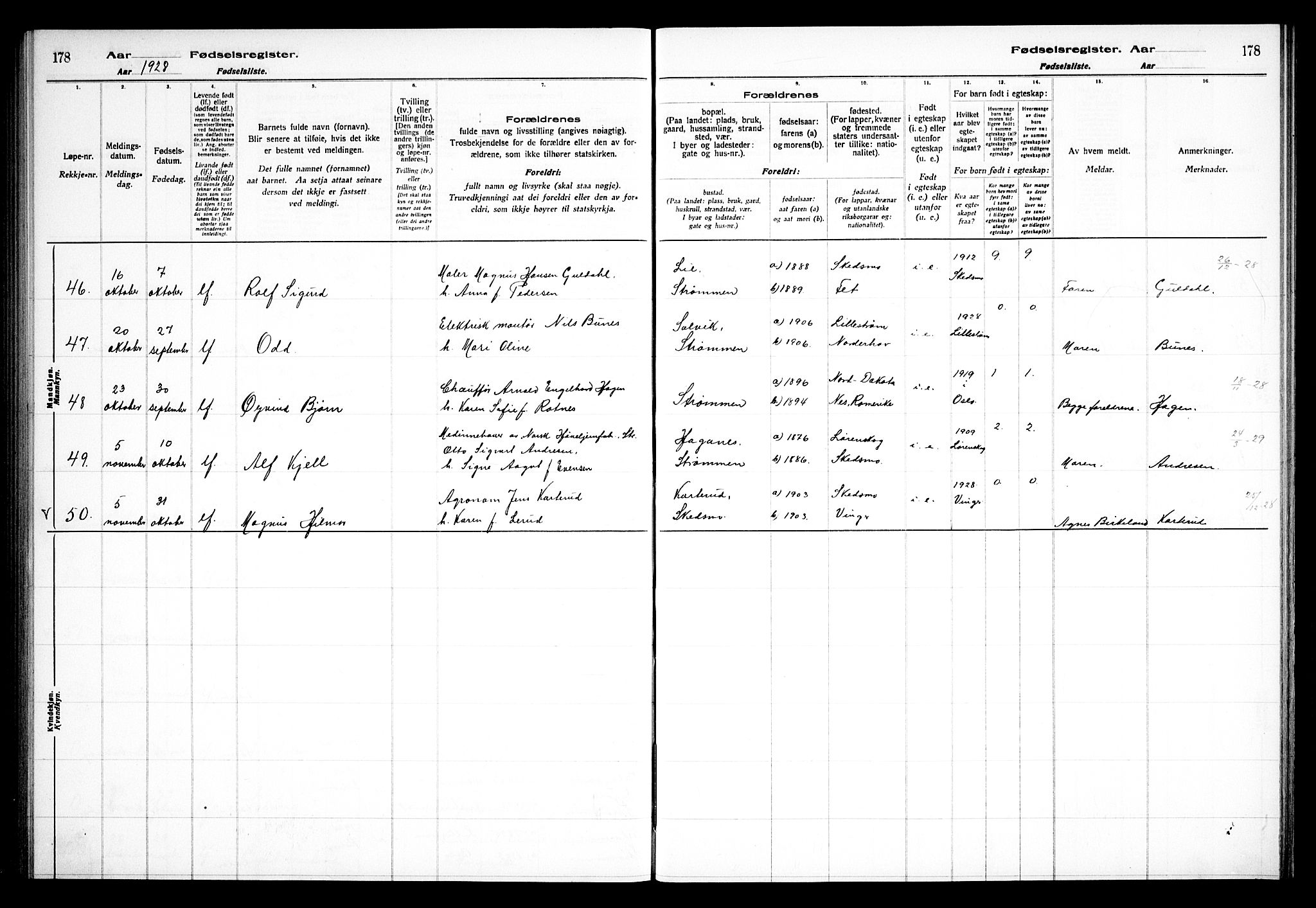 Skedsmo prestekontor Kirkebøker, AV/SAO-A-10033a/J/Ja/L0001: Fødselsregister nr. I 1, 1916-1931, s. 178