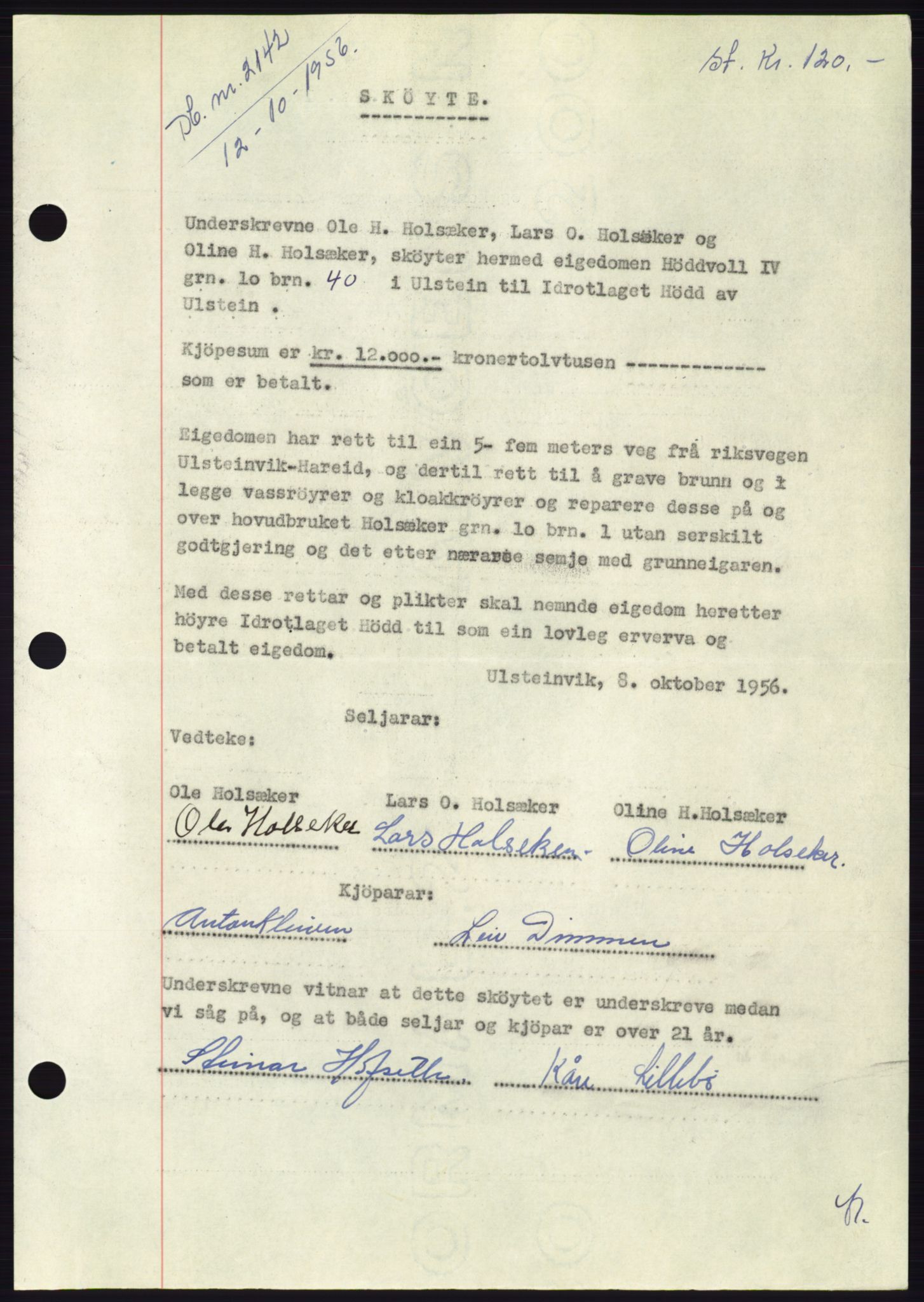 Søre Sunnmøre sorenskriveri, AV/SAT-A-4122/1/2/2C/L0104: Pantebok nr. 30A, 1956-1956, Dagboknr: 2142/1956