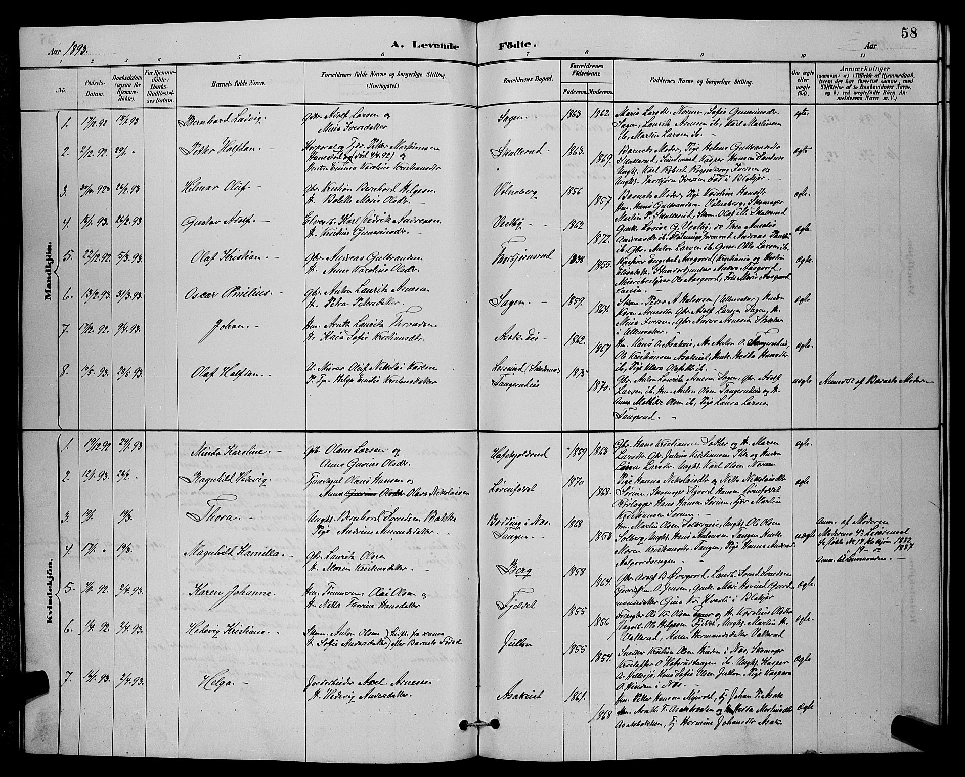 Sørum prestekontor Kirkebøker, AV/SAO-A-10303/G/Ga/L0005: Klokkerbok nr. I 5.1, 1886-1894, s. 58