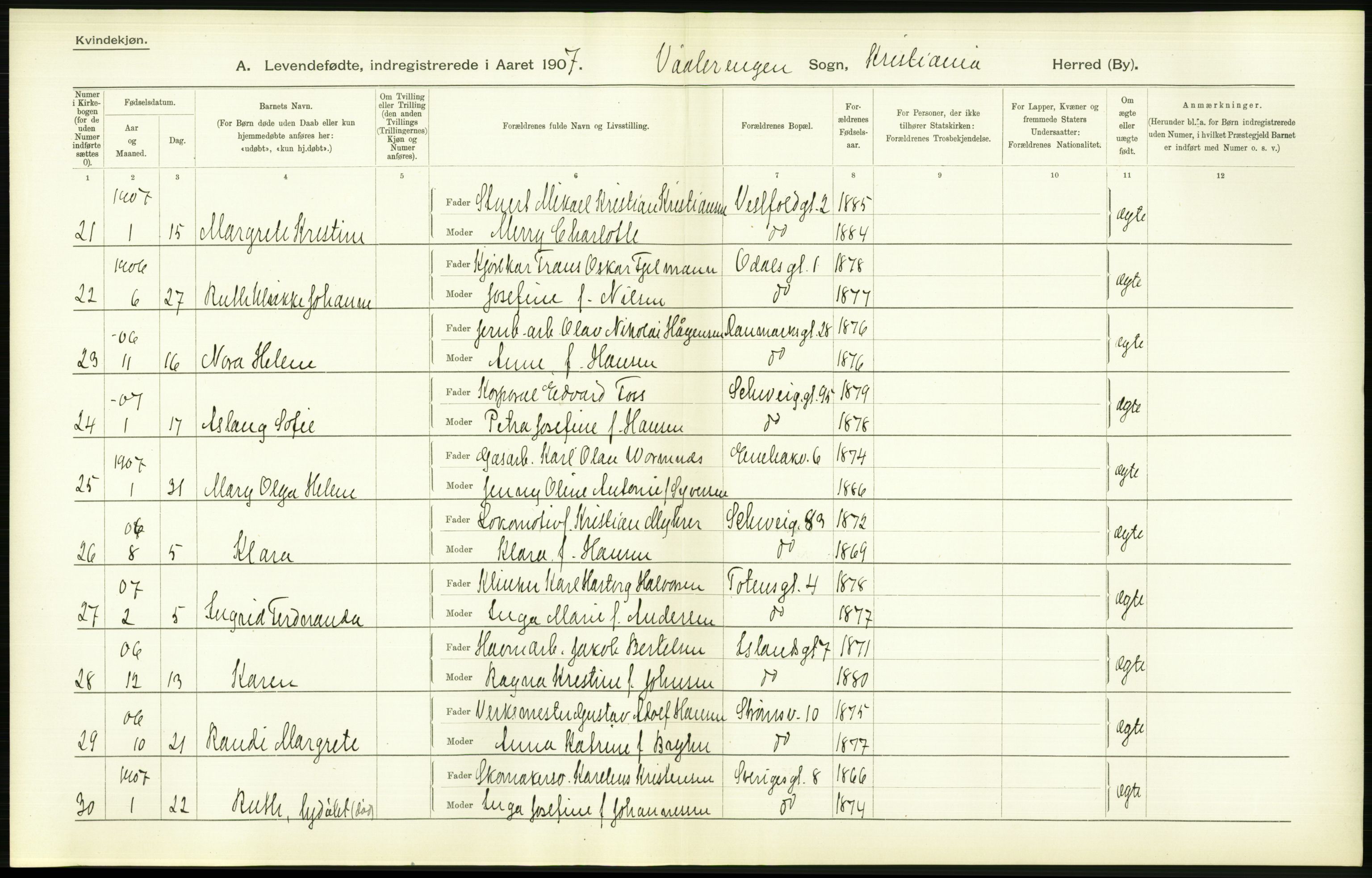 Statistisk sentralbyrå, Sosiodemografiske emner, Befolkning, AV/RA-S-2228/D/Df/Dfa/Dfae/L0007: Kristiania: Levendefødte menn og kvinner., 1907, s. 574