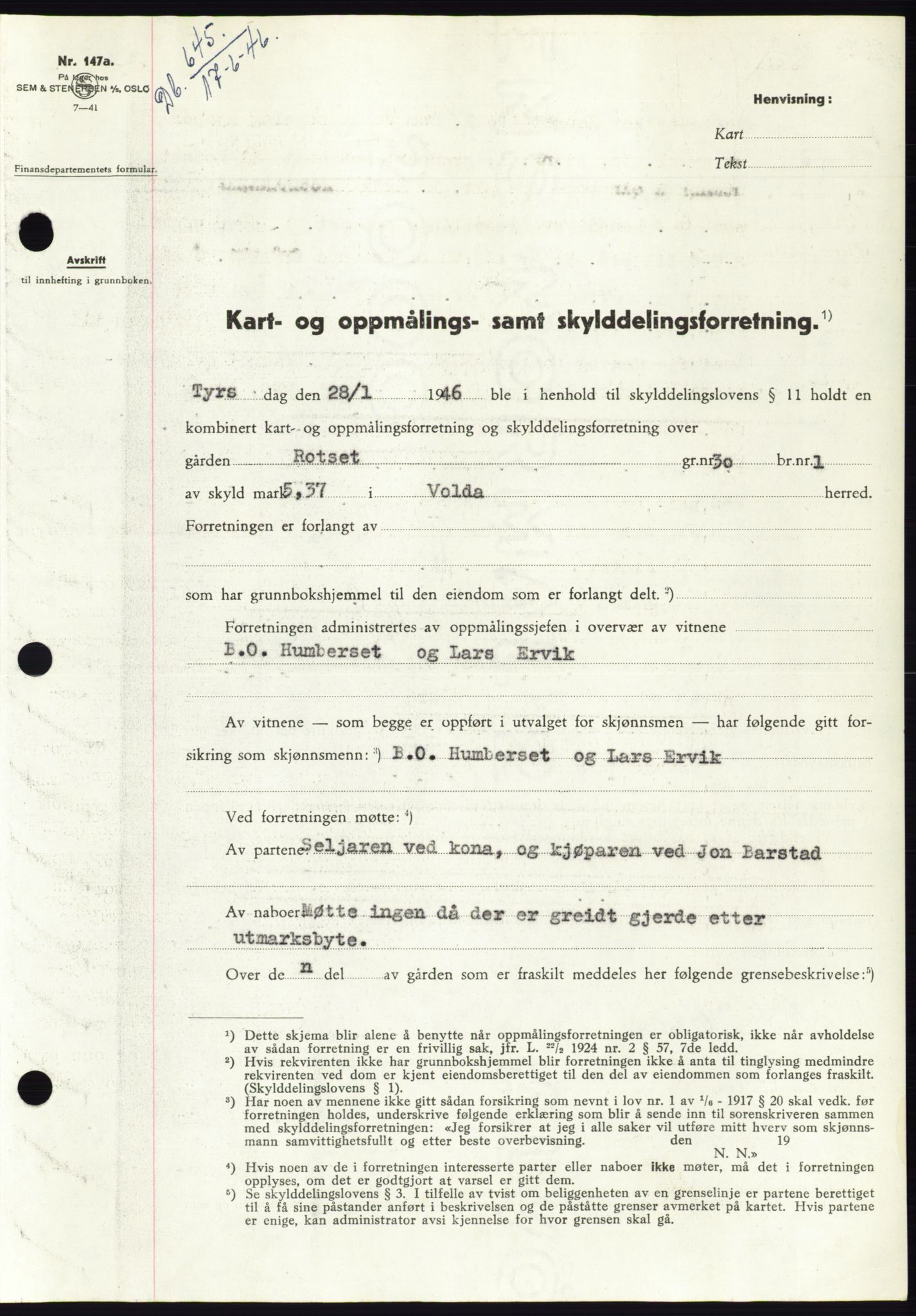Søre Sunnmøre sorenskriveri, SAT/A-4122/1/2/2C/L0078: Pantebok nr. 4A, 1946-1946, Dagboknr: 645/1946