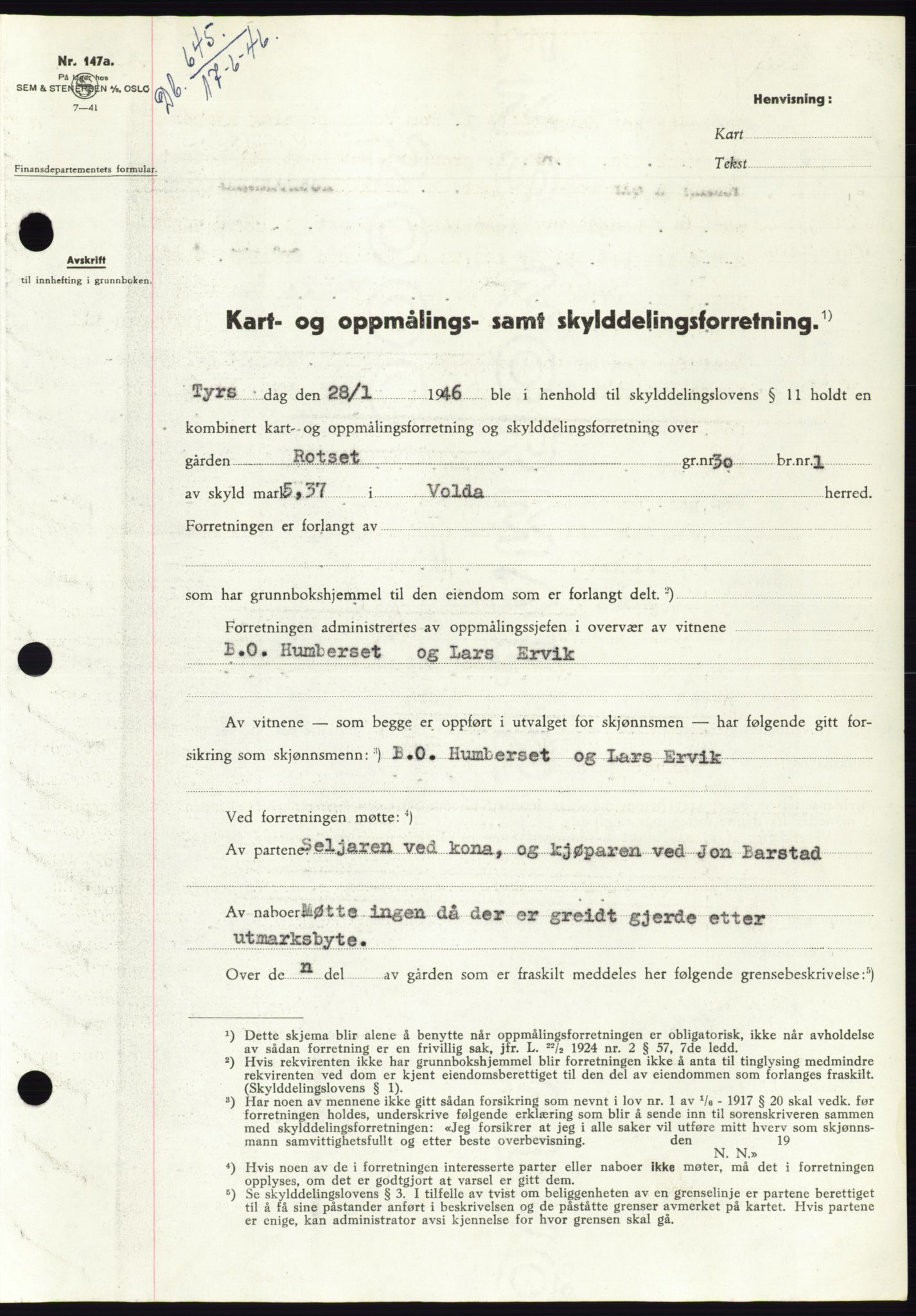 Søre Sunnmøre sorenskriveri, AV/SAT-A-4122/1/2/2C/L0078: Pantebok nr. 4A, 1946-1946, Dagboknr: 645/1946