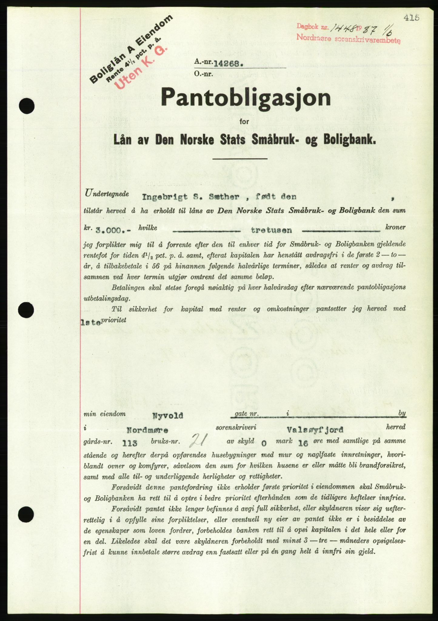 Nordmøre sorenskriveri, AV/SAT-A-4132/1/2/2Ca/L0091: Pantebok nr. B81, 1937-1937, Dagboknr: 1448/1937