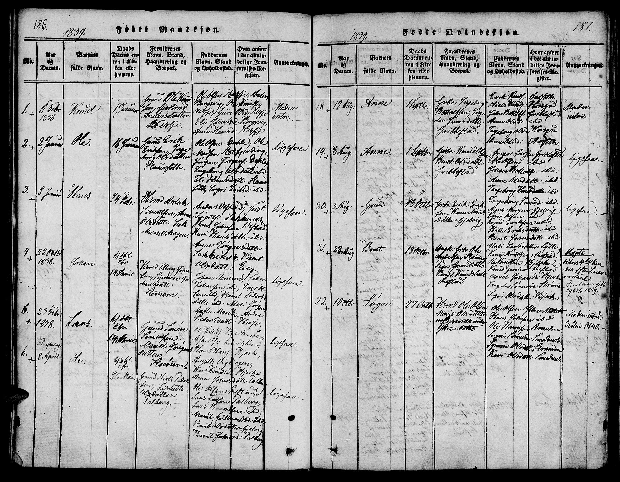 Ministerialprotokoller, klokkerbøker og fødselsregistre - Møre og Romsdal, SAT/A-1454/547/L0602: Ministerialbok nr. 547A04, 1818-1845, s. 186-187