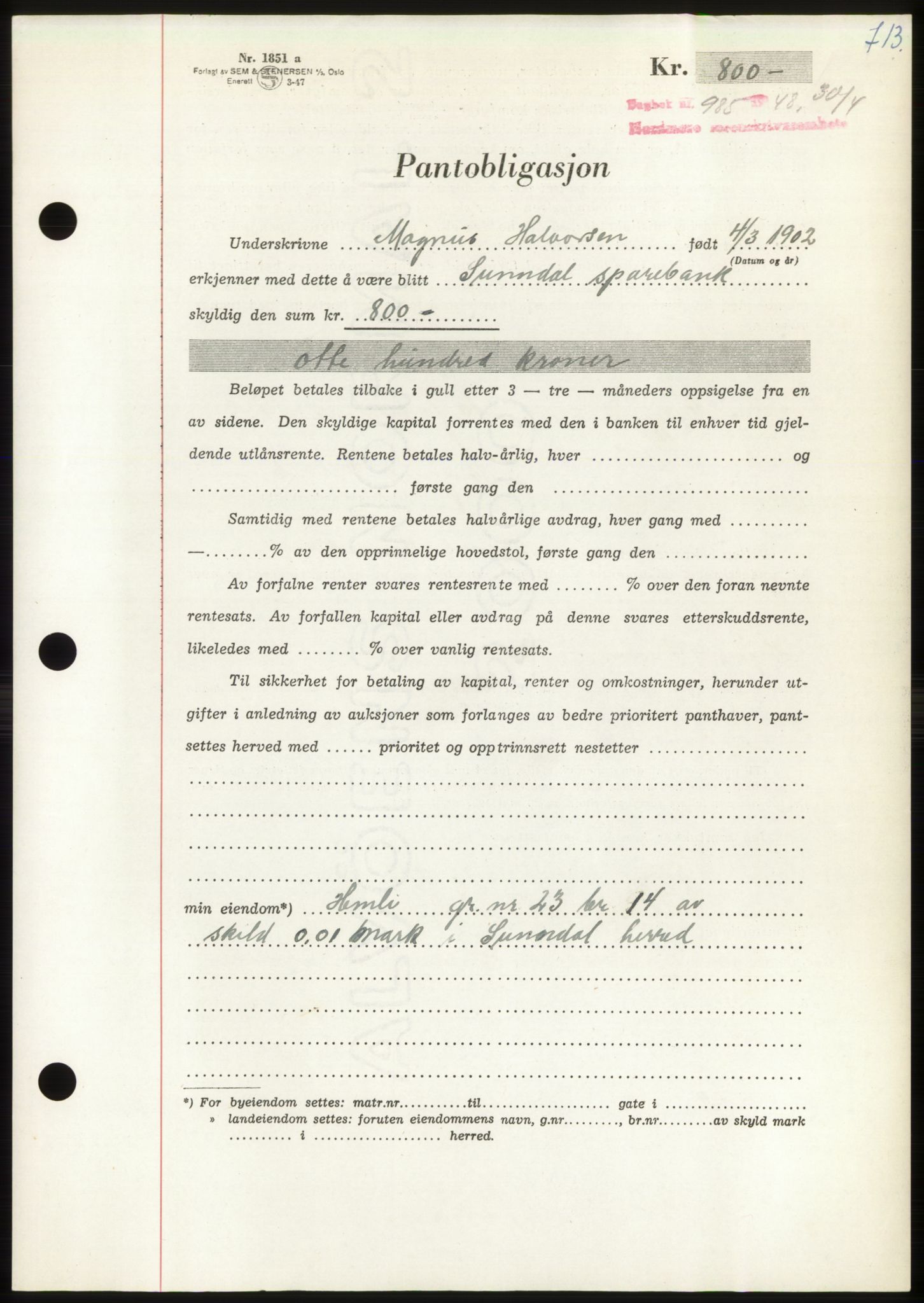 Nordmøre sorenskriveri, SAT/A-4132/1/2/2Ca: Pantebok nr. B98, 1948-1948, Dagboknr: 985/1948
