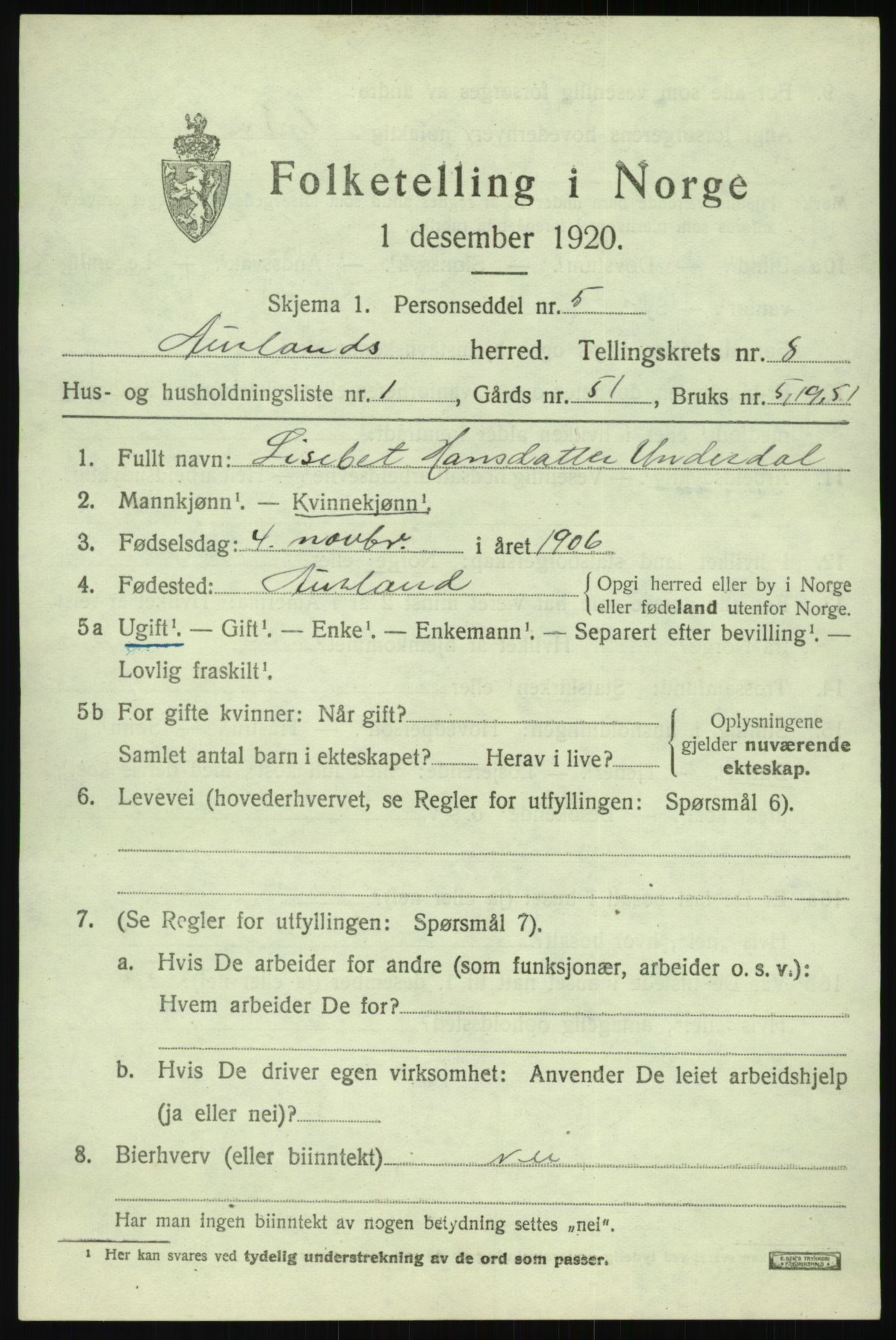 SAB, Folketelling 1920 for 1421 Aurland herred, 1920, s. 4296