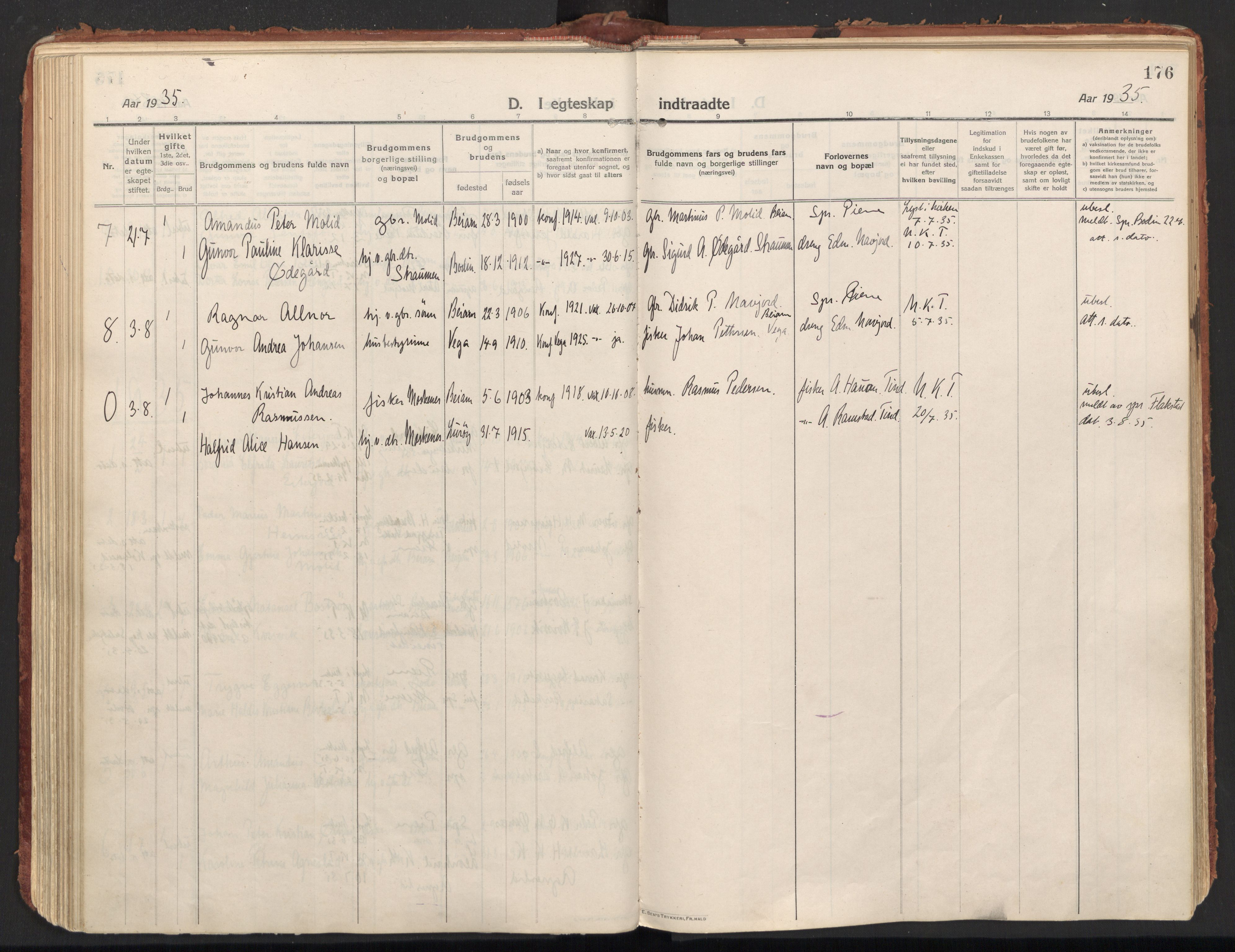 Ministerialprotokoller, klokkerbøker og fødselsregistre - Nordland, AV/SAT-A-1459/846/L0650: Ministerialbok nr. 846A08, 1916-1935, s. 176