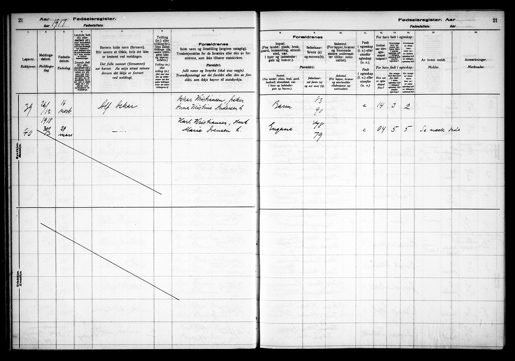 Hvaler prestekontor Kirkebøker, AV/SAO-A-2001/J/Ja/L0001: Fødselsregister nr. I 1, 1916-1938, s. 21