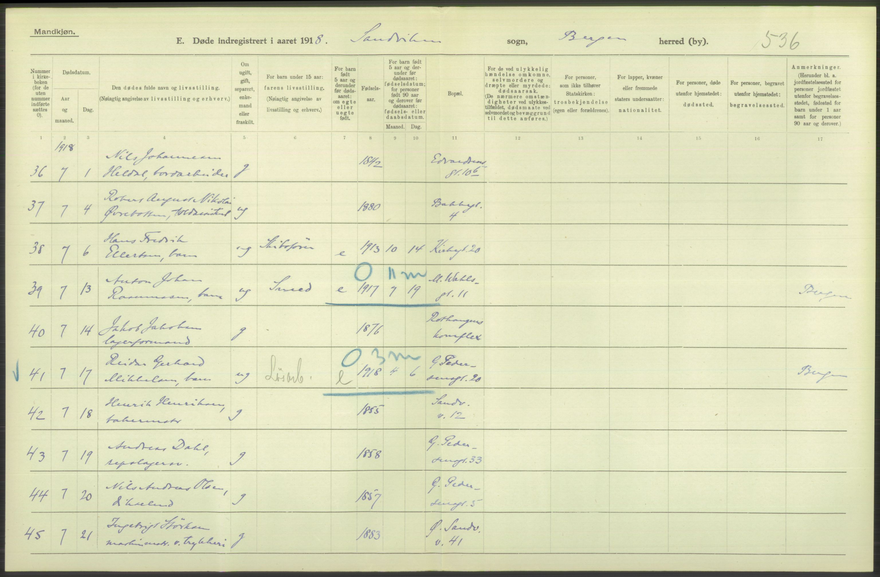 Statistisk sentralbyrå, Sosiodemografiske emner, Befolkning, RA/S-2228/D/Df/Dfb/Dfbh/L0039: Bergen: Døde., 1918, s. 122