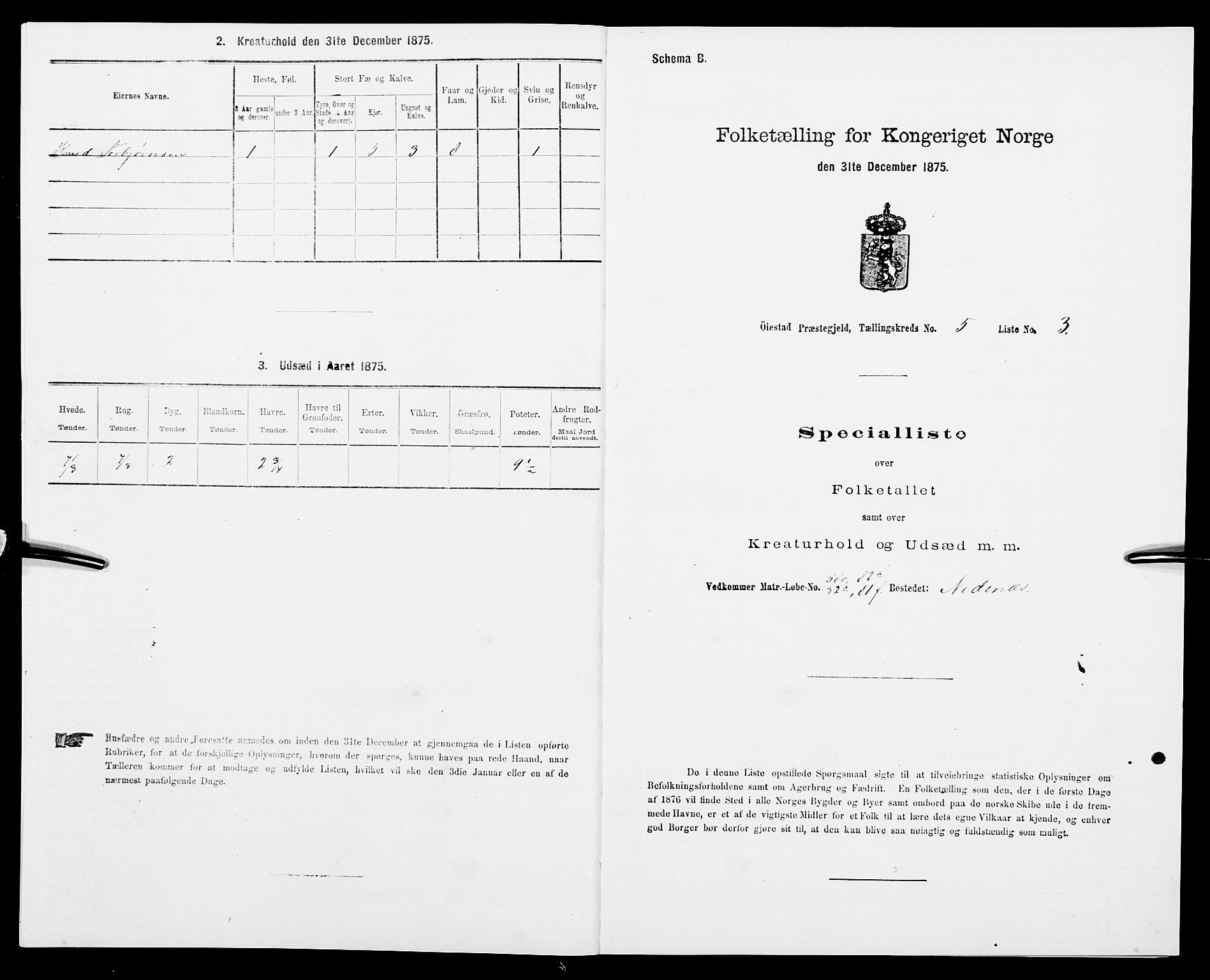 SAK, Folketelling 1875 for 0920P Øyestad prestegjeld, 1875, s. 607