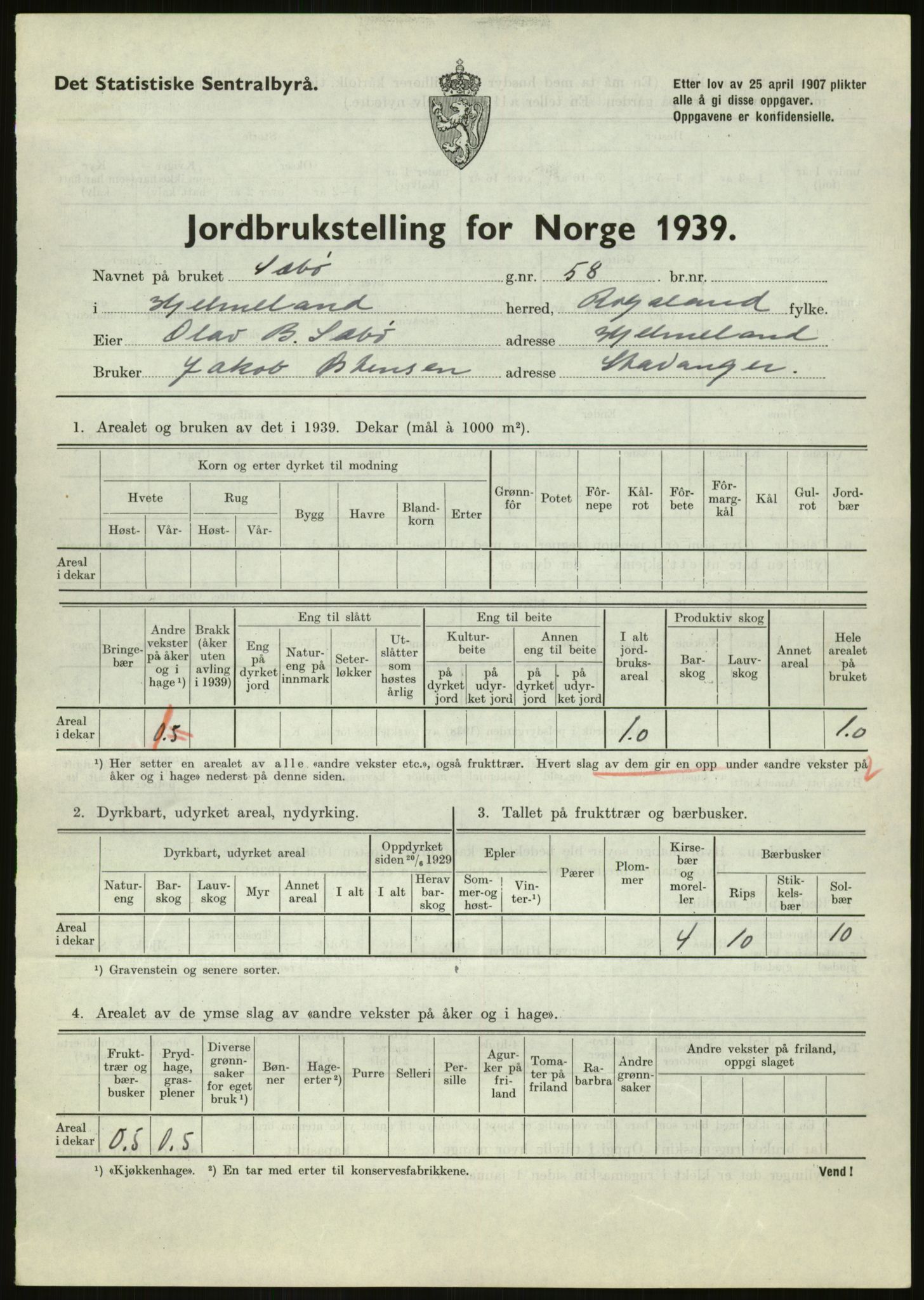Statistisk sentralbyrå, Næringsøkonomiske emner, Jordbruk, skogbruk, jakt, fiske og fangst, AV/RA-S-2234/G/Gb/L0184: Rogaland: Årdal, Fister og Hjelmeland, 1939, s. 821