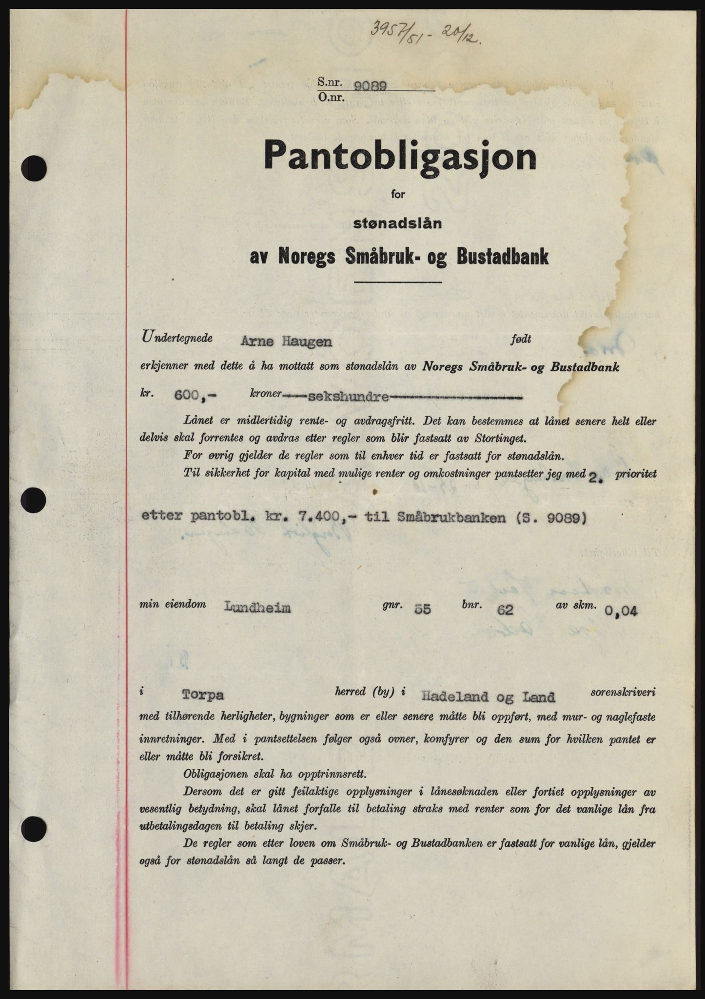 Hadeland og Land tingrett, SAH/TING-010/H/Hb/Hbc/L0022: Pantebok nr. B22, 1951-1951, Dagboknr: 3957/1951