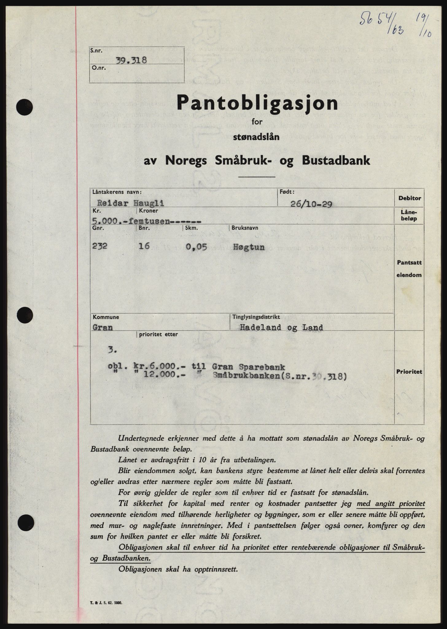 Hadeland og Land tingrett, SAH/TING-010/H/Hb/Hbc/L0053: Pantebok nr. B53, 1963-1964, Dagboknr: 5654/1963
