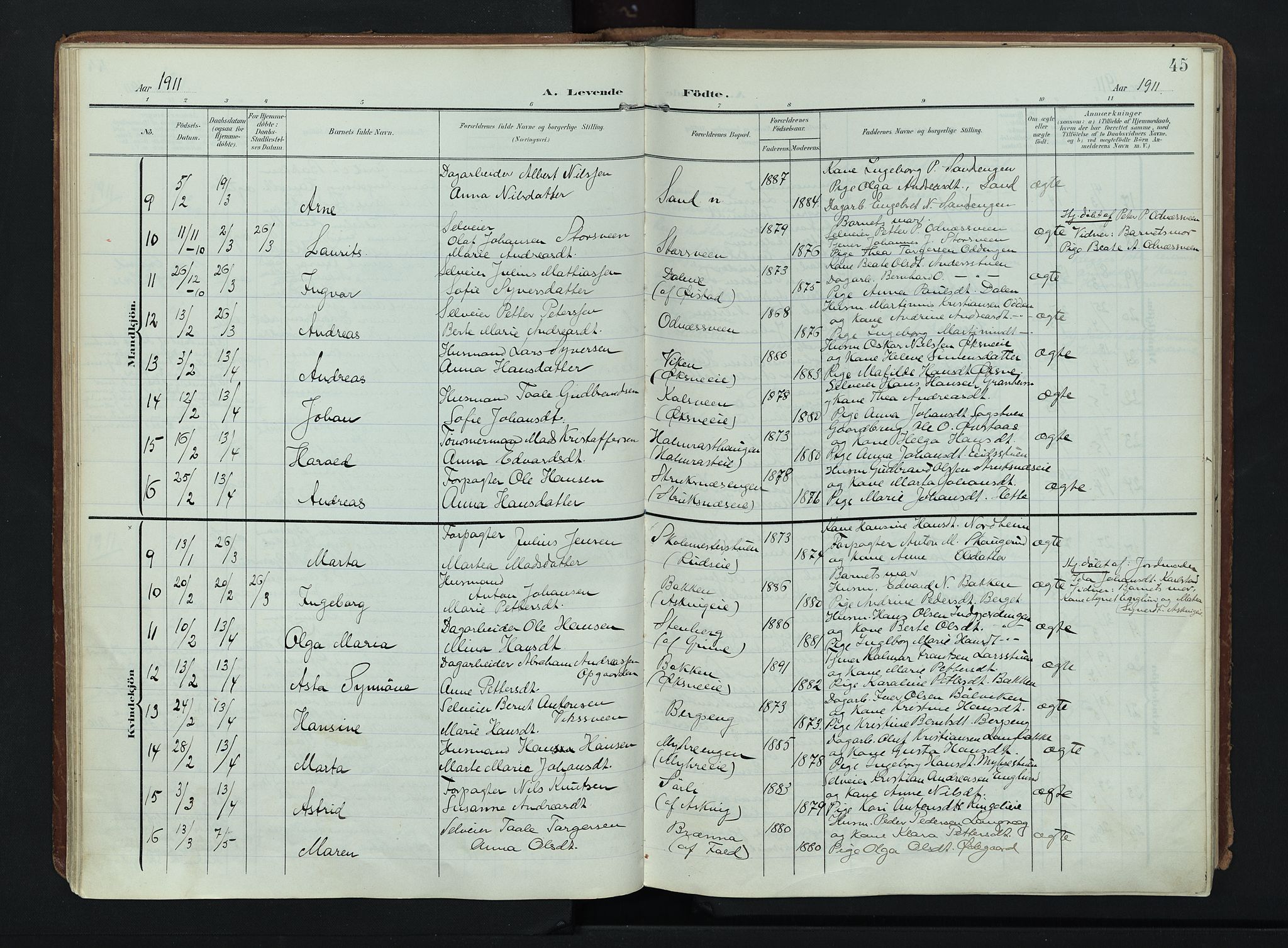 Søndre Land prestekontor, AV/SAH-PREST-122/K/L0007: Ministerialbok nr. 7, 1905-1914, s. 45