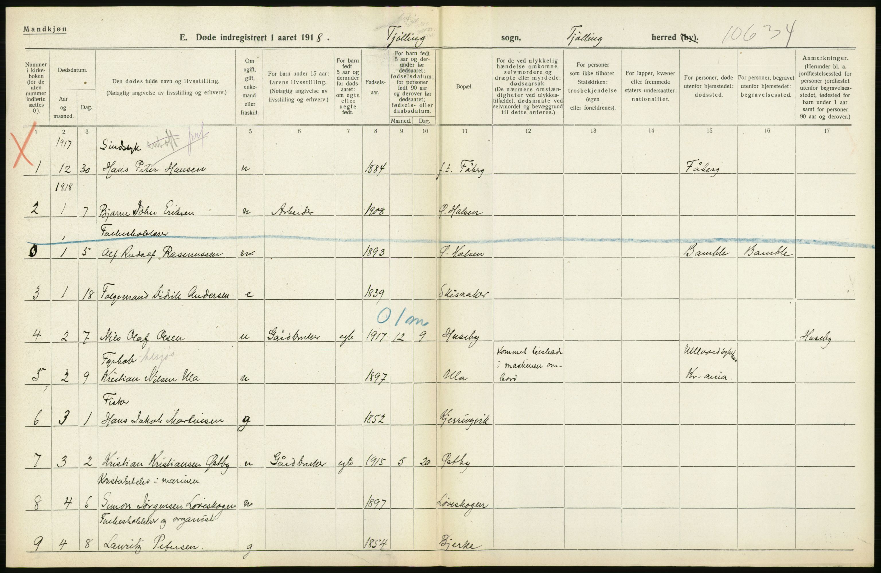 Statistisk sentralbyrå, Sosiodemografiske emner, Befolkning, AV/RA-S-2228/D/Df/Dfb/Dfbh/L0023: Vestfold fylke: Døde. Bygder og byer., 1918, s. 132