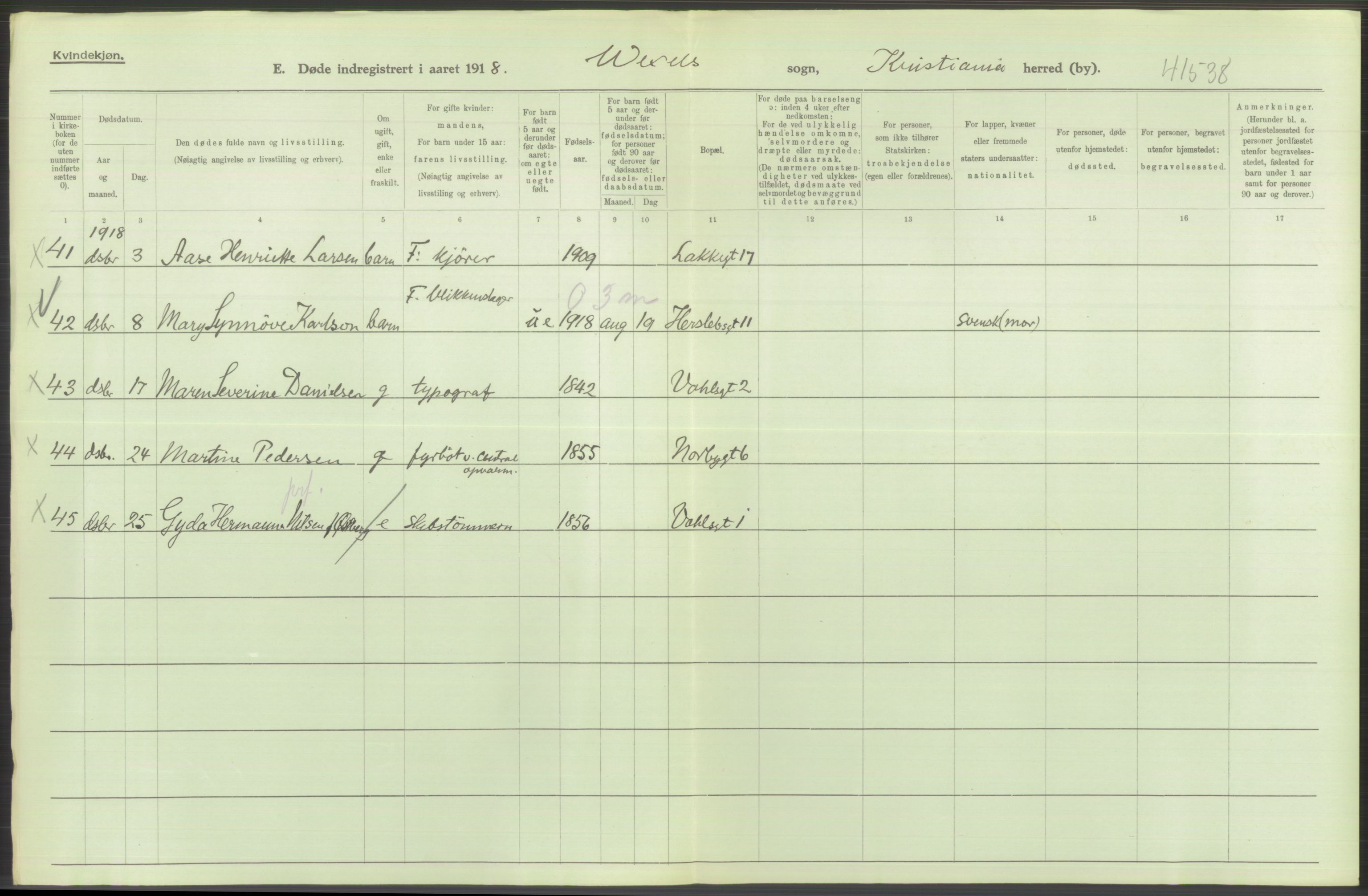 Statistisk sentralbyrå, Sosiodemografiske emner, Befolkning, RA/S-2228/D/Df/Dfb/Dfbh/L0011: Kristiania: Døde, dødfødte, 1918, s. 438