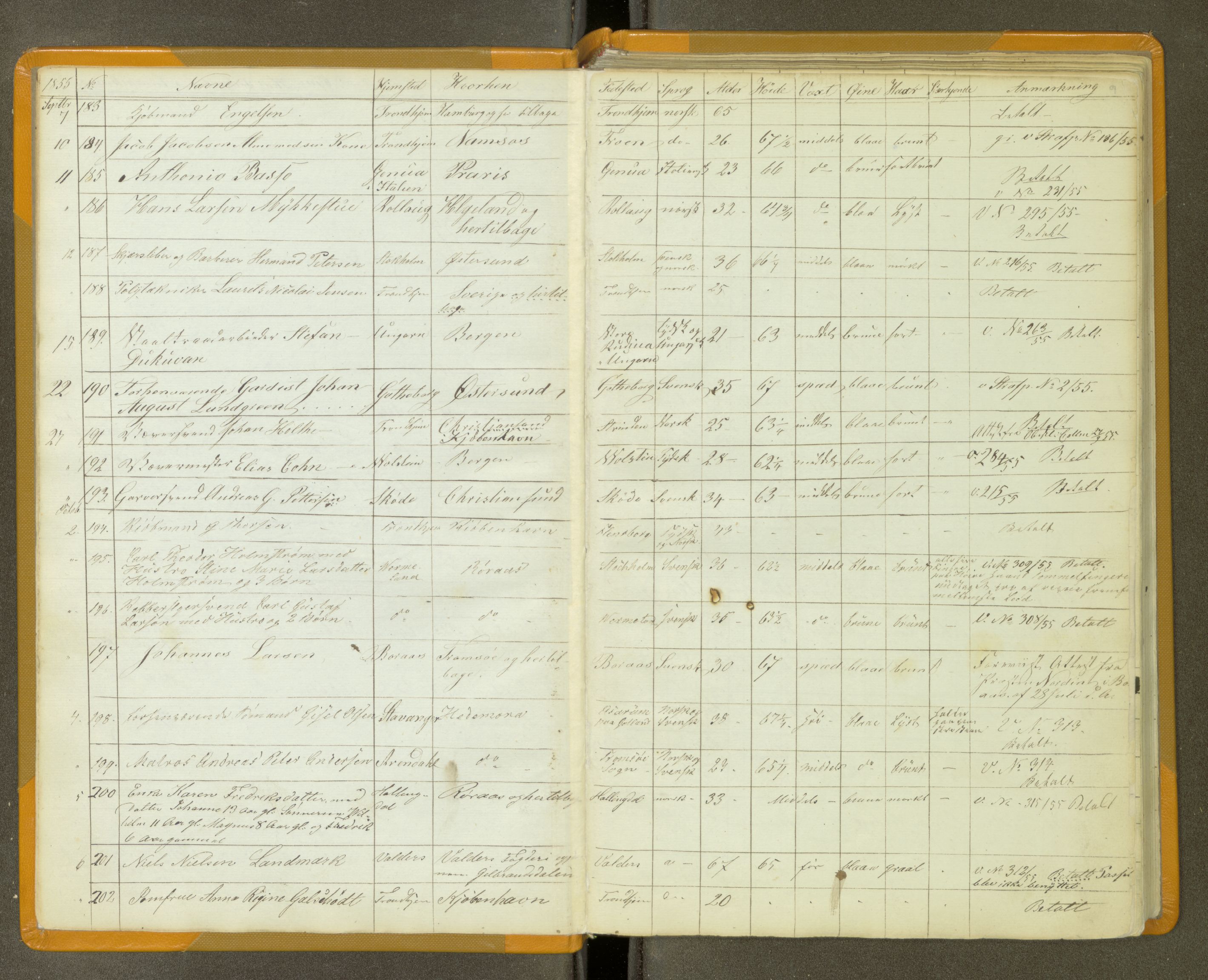 Trondheim politikammer, AV/SAT-A-1887/1/30/L0011: Passprotokoll. Utstedte pass 1855-1890. Utstede og forviste handelsbrev 1857-1860, 1855-1890, s. 8b-9a