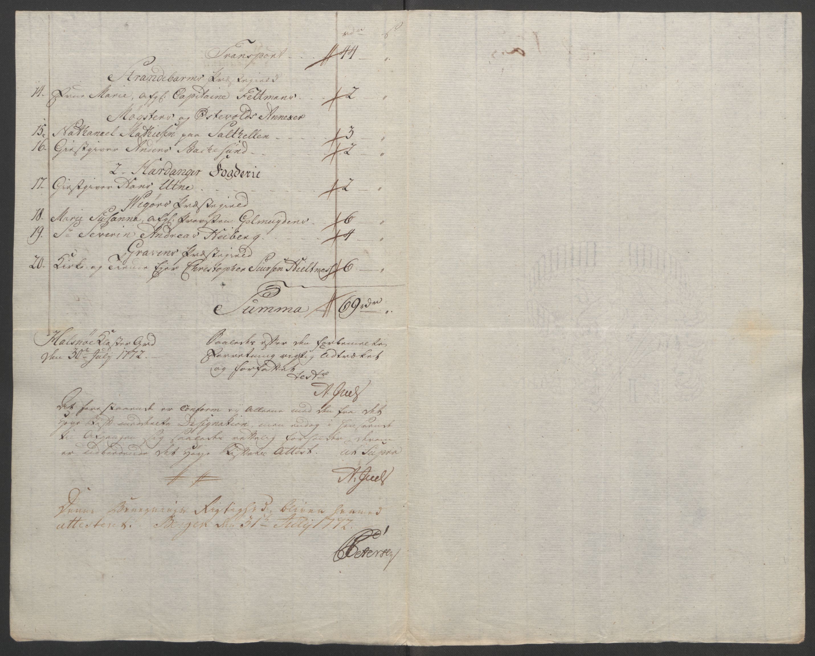 Rentekammeret inntil 1814, Reviderte regnskaper, Fogderegnskap, RA/EA-4092/R48/L3136: Ekstraskatten Sunnhordland og Hardanger, 1762-1772, s. 251