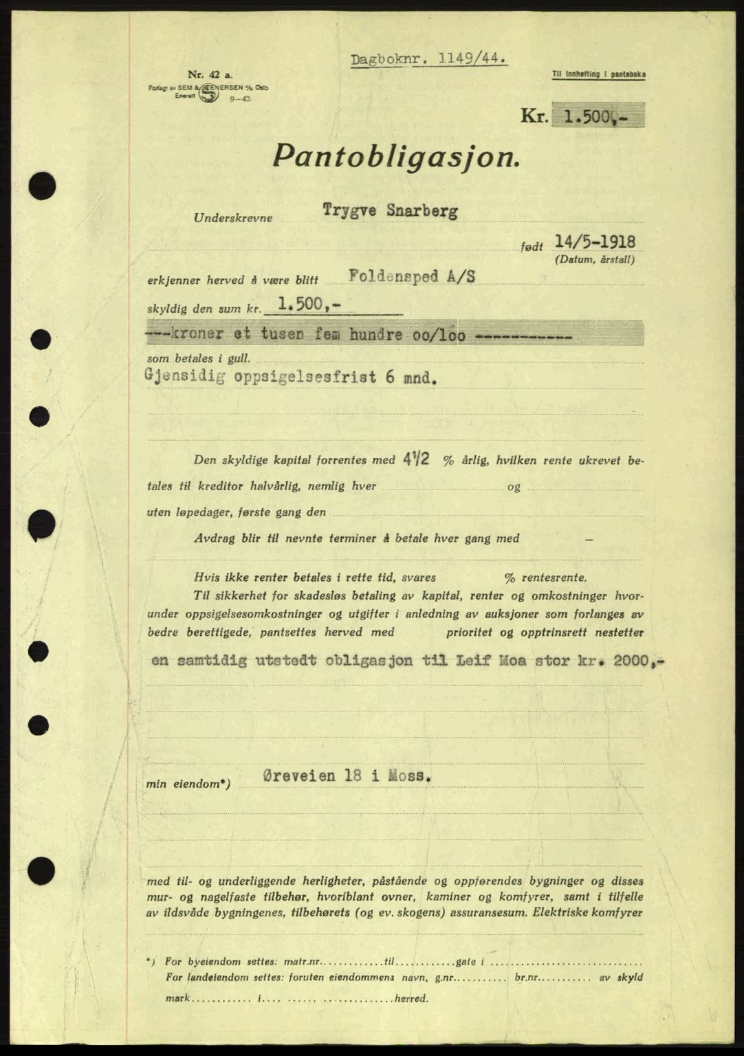 Moss sorenskriveri, SAO/A-10168: Pantebok nr. B13, 1943-1945, Dagboknr: 1149/1944