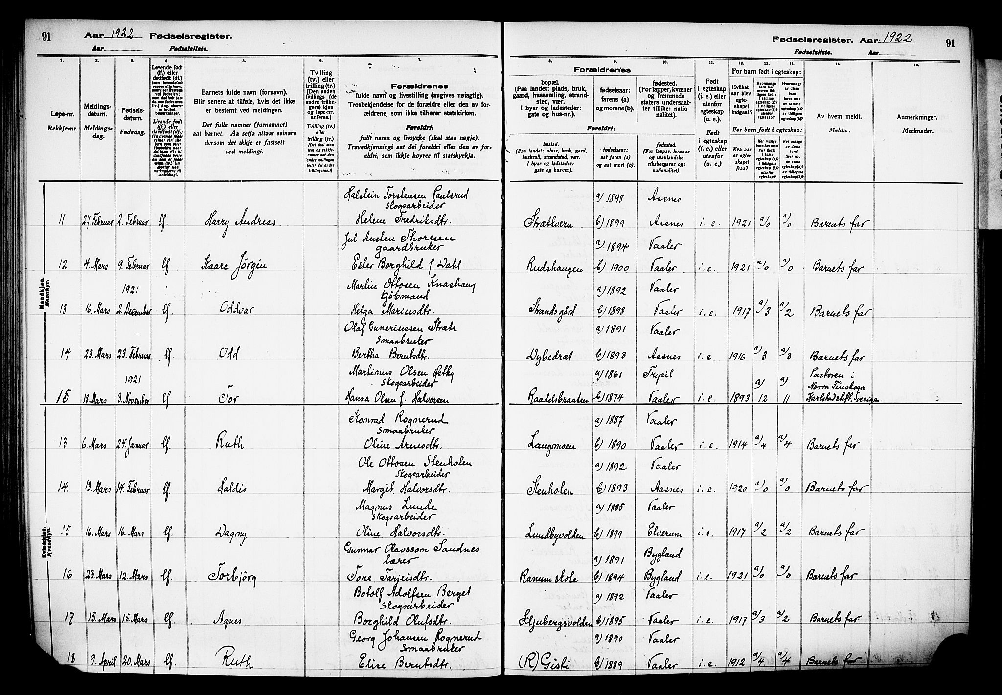 Våler prestekontor, Hedmark, AV/SAH-PREST-040/I/Id/L0001: Fødselsregister nr. 1, 1916-1930, s. 91