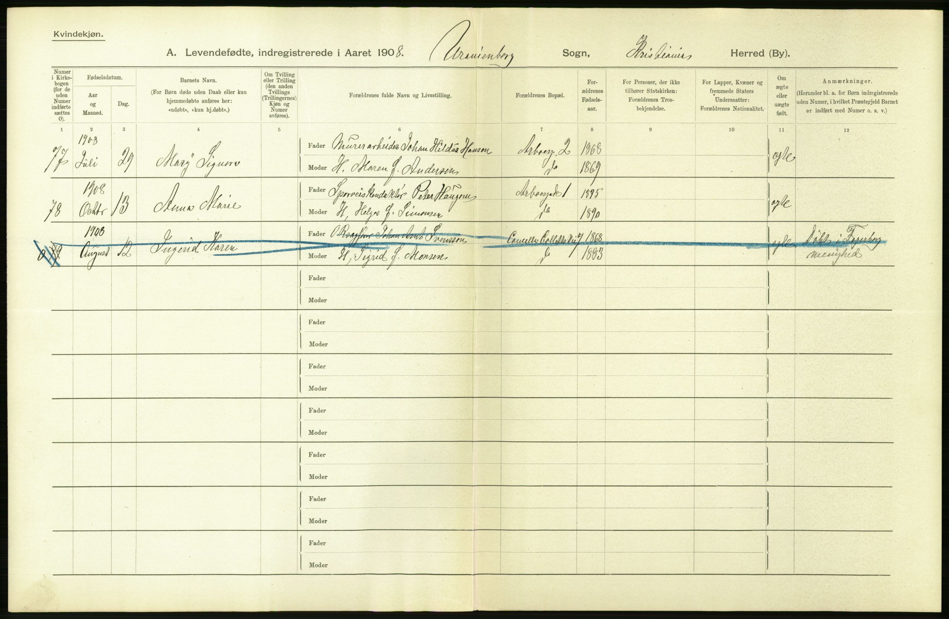 Statistisk sentralbyrå, Sosiodemografiske emner, Befolkning, AV/RA-S-2228/D/Df/Dfa/Dfaf/L0005: Kristiania: Levendefødte menn og kvinner., 1908, s. 292