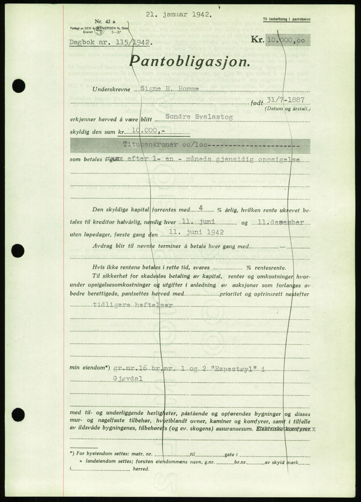 Nedenes sorenskriveri, AV/SAK-1221-0006/G/Gb/Gbb/L0001: Pantebok nr. I, 1939-1942, Dagboknr: 115/1942