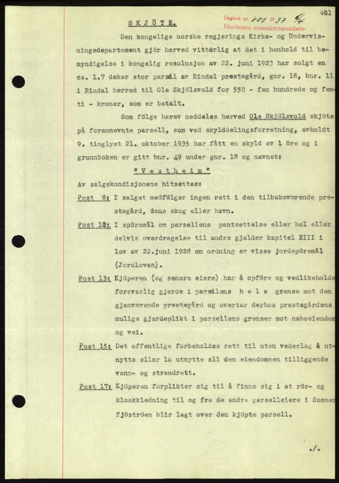 Nordmøre sorenskriveri, SAT/A-4132/1/2/2Ca: Pantebok nr. A81, 1937-1937, Dagboknr: 880/1937