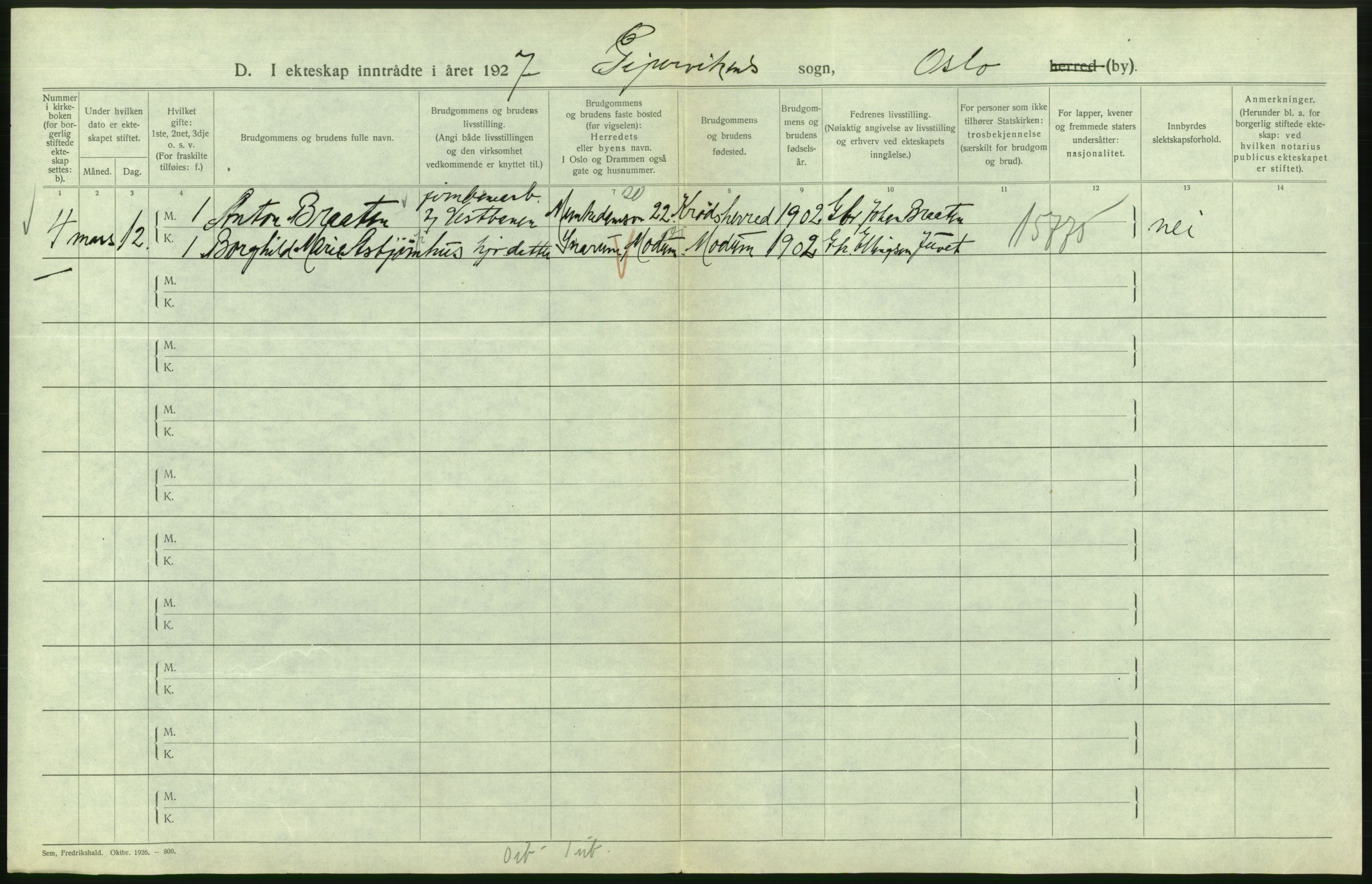 Statistisk sentralbyrå, Sosiodemografiske emner, Befolkning, AV/RA-S-2228/D/Df/Dfc/Dfcg/L0008: Oslo: Gifte, 1927, s. 722