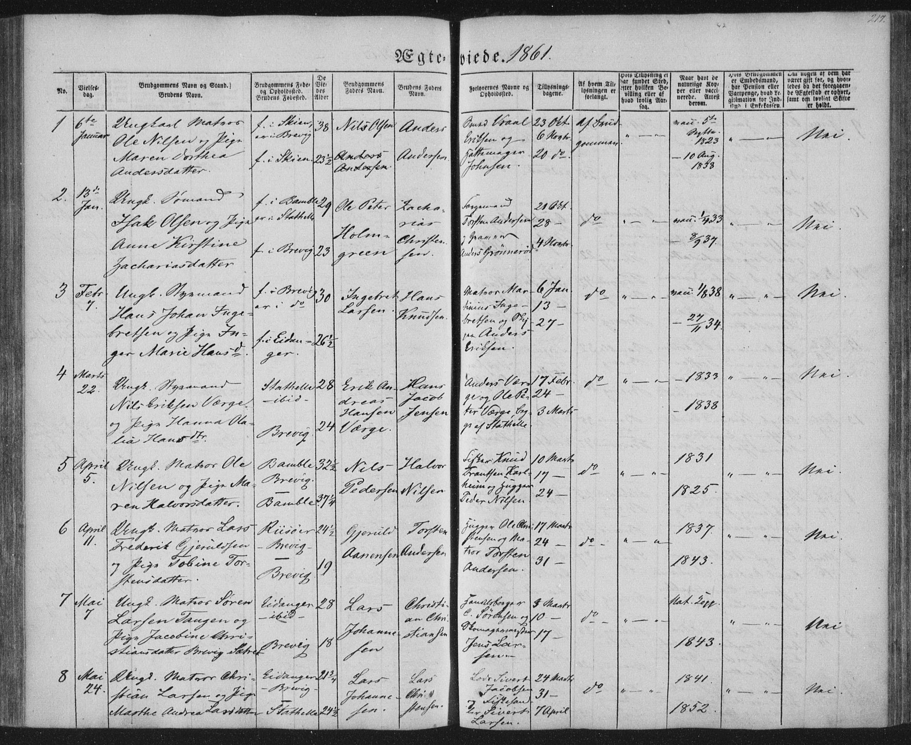 Brevik kirkebøker, AV/SAKO-A-255/F/Fa/L0005: Ministerialbok nr. 5, 1847-1865, s. 217